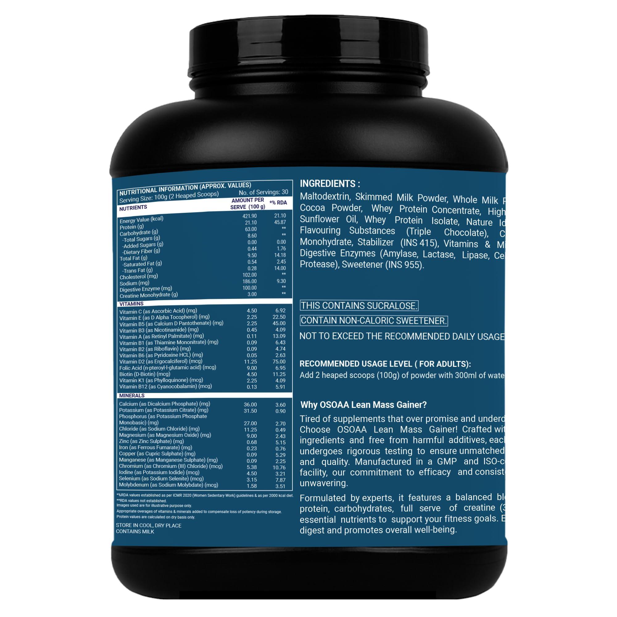 OSOAA OSOAA Lean Mass Gainer 3Kg |(Triple Chocolate) | With 3g Creatine & 21g Protein | 420 Calories & 21G Protein | Added Digestive Enzymes | 28 Added Vitamins