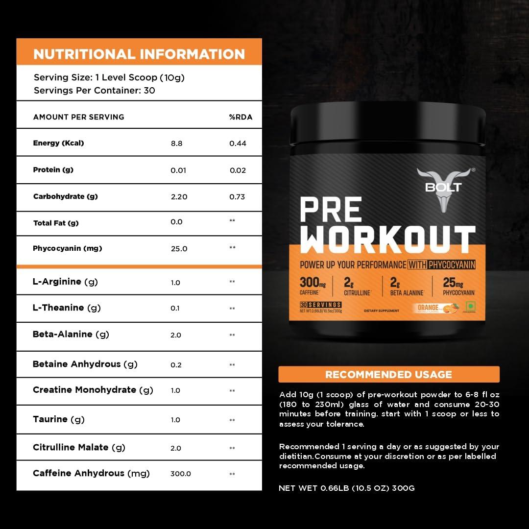 Bolt Bolt Nutrition Pre Workout Supplement With Caffeine Powder, Citrulline Malate, B-Alanine, Taurine For Explosive Energy, Pump & Focus 300G,30 Servings Orange Tangy