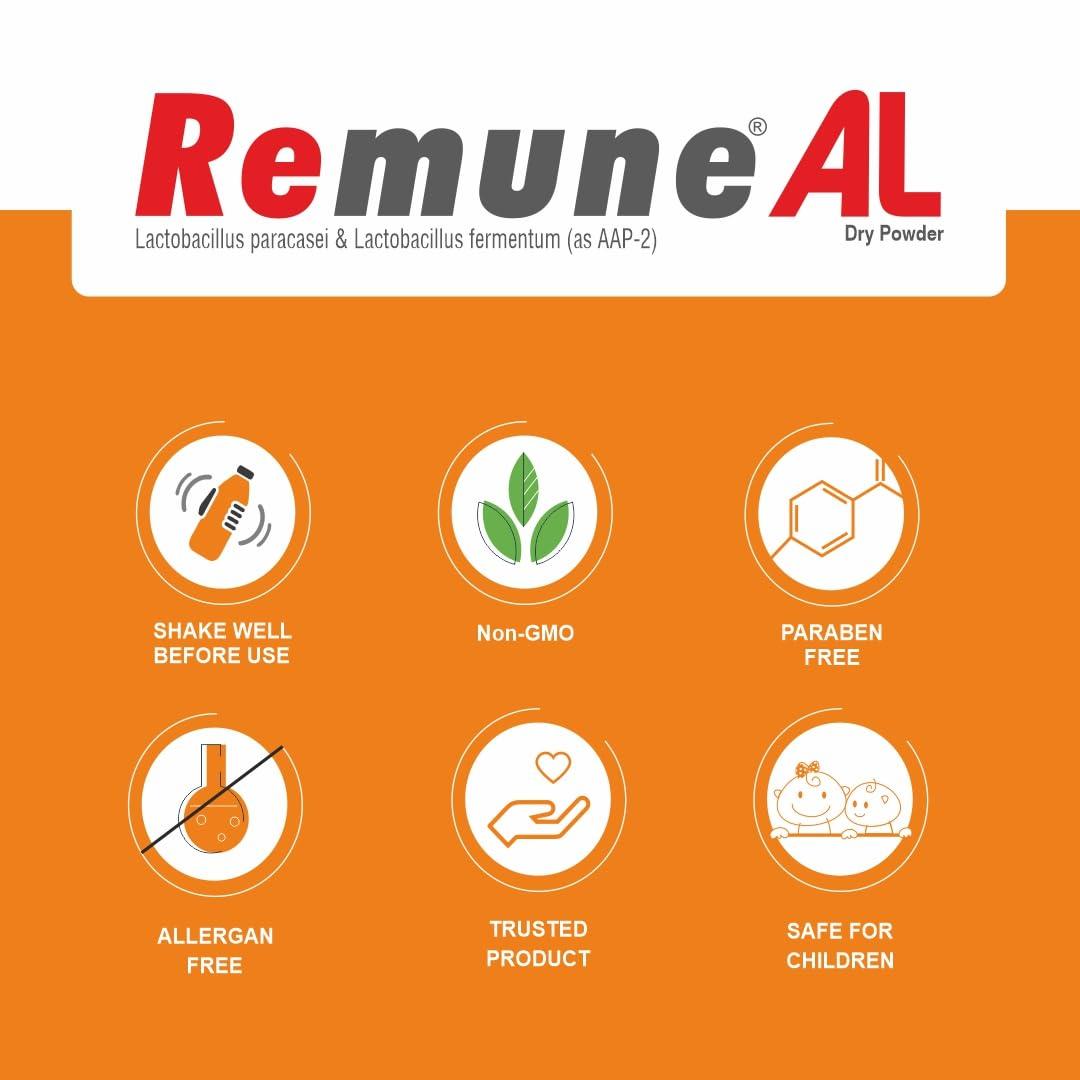 Sundyota Lifecare Sundyota\'s Remune AL Dry Powder | Natural anti-allergic probiotic supplement | Helps in allergic rhinitis & atopic dermatitis | Safe for kids | Delicious Toffy Flavor 30 ml pack