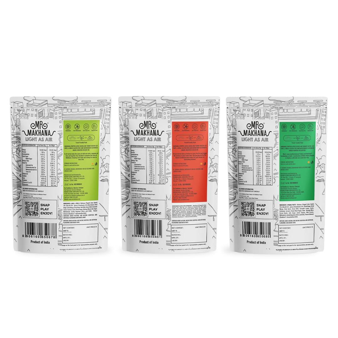 MR. MAKHANA Mr. Makhana Roasted Makhana & Foxnuts : Lime & Chilli, Piri Piri Paradise, Pudina Party (Pack of 3x60 gm) | Gluten Free | MSG Free | Roasted in Olive Oil | Rich Calcium