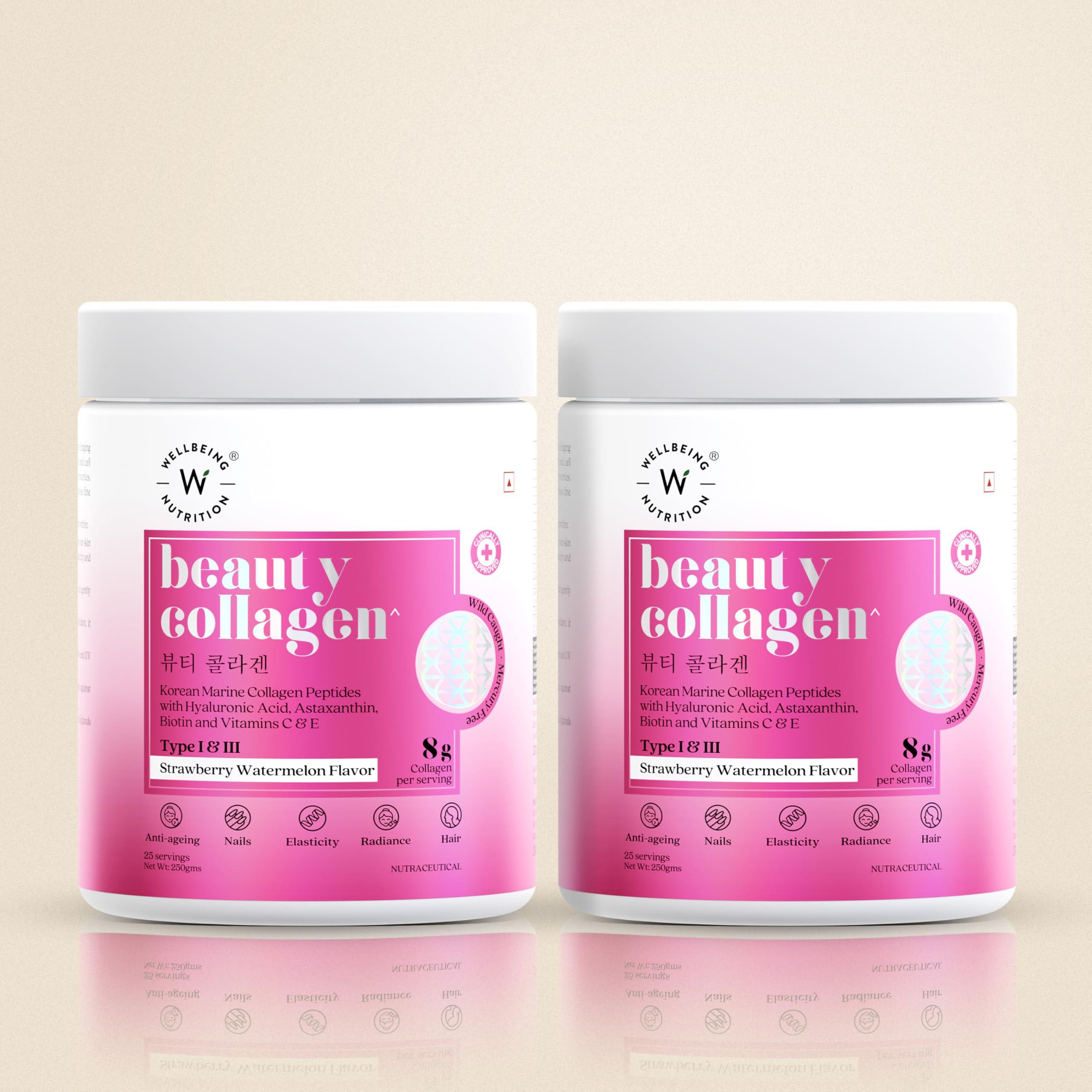 WELLBEING NUTRITION Wellbeing Nutrition Korean Beauty Marine Collagen Skin Radiance Peptides | Biotin, Vitamin C, E, Hyaluronic, Astaxanthin | Clinically Proven Healthy Skin,Hair & Nails | Strawberry Watermelon, 250gms