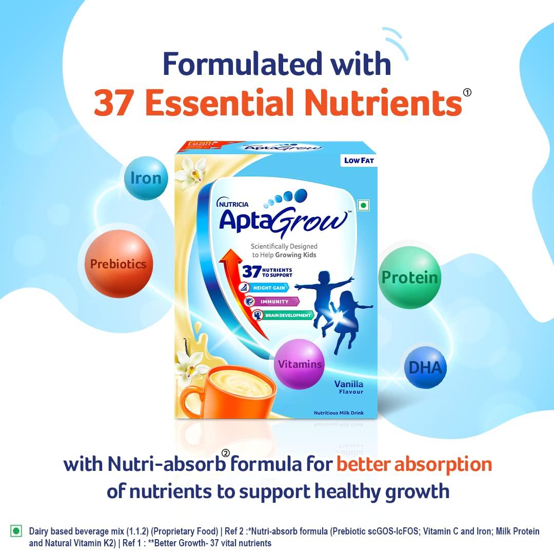 AptaGrow AptaGrow Milk Drink Powder for Kid s Height Gain, Immunity & Brain Development, Nutritious & Tasty Vanilla Flavor, 400g | 37 Nutrients | Prebiotics | Low Fat | Veg | Pack of 2