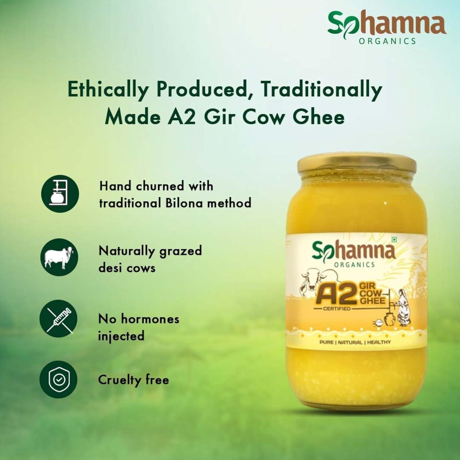 Sohamna Organics Traditional Vedic Ghee Premium A2 Gir Cow Cultured Ghee from Sohamna Organics | Vedic Bilona Two Way Hand Churned | Indian Gir Cow Ghee, Pure A2 Ghee, Natural & Healthy, Non-GMO (1 litre)