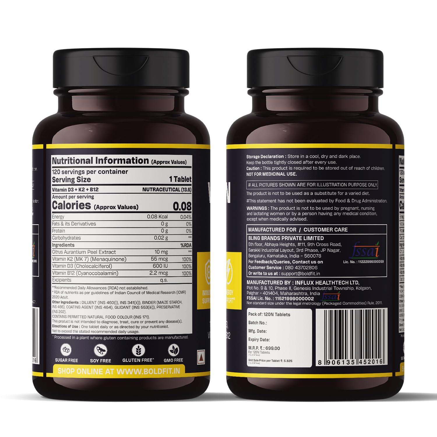 Boldfit Boldfit Vitamin D Supplement Vitamin D3 K2 MK7 & Vitamin B12 Supplement for Men & Women Energy Support, Bone Health, Immune Support, Daily Vitamin D Supplement for Wellness -120 Veg Tablets