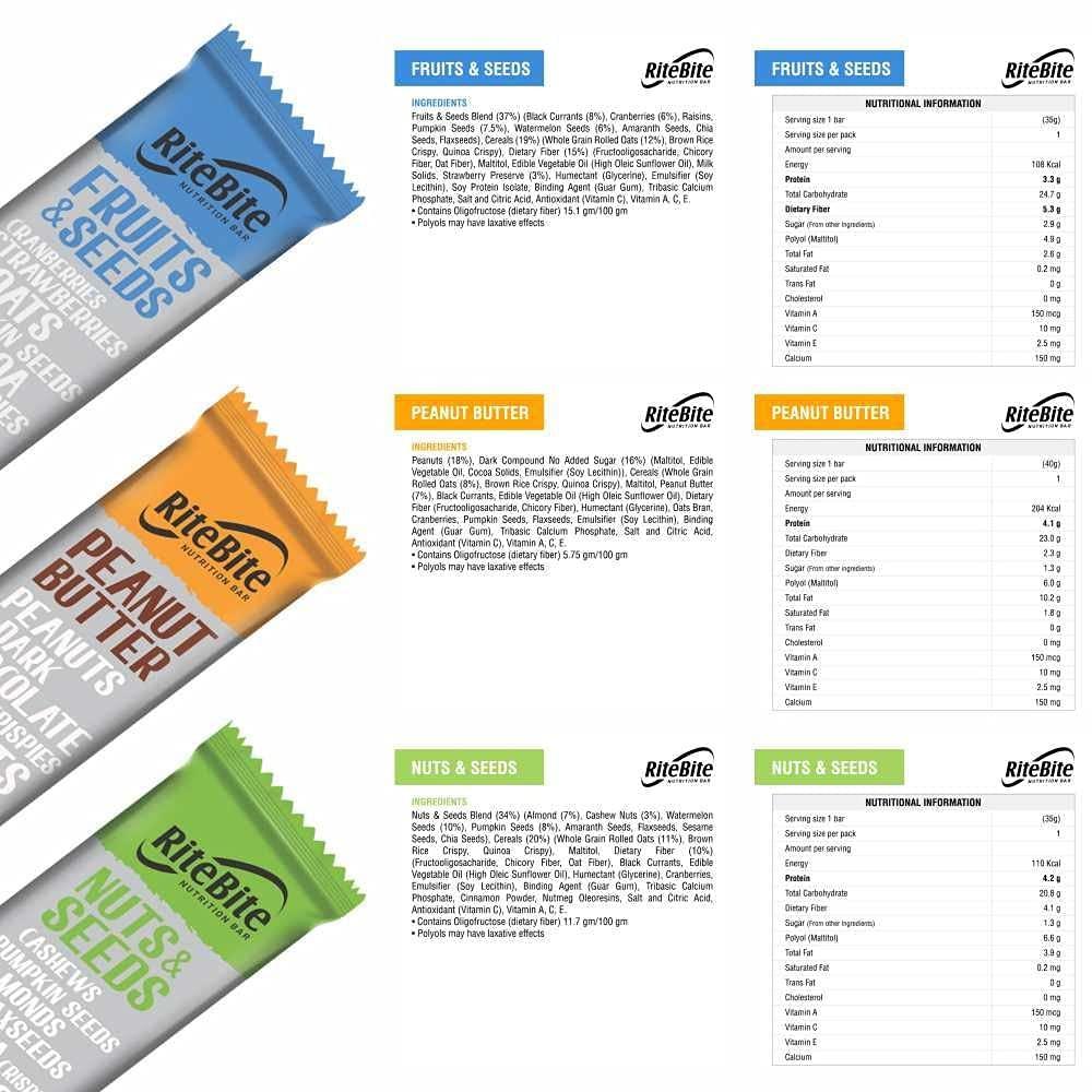 RiteBite Max Protein RiteBite Max Protein Assorted (Fruits & Seeds, Sports Bar, Peanut Butter, Nuts & Seeds, Choco Delite, Yogurt Berry) Nutrition Bar with Quinoa Oats | No Cholesterol & Trans Fat Snack Bar, 35g (Pack of 10)