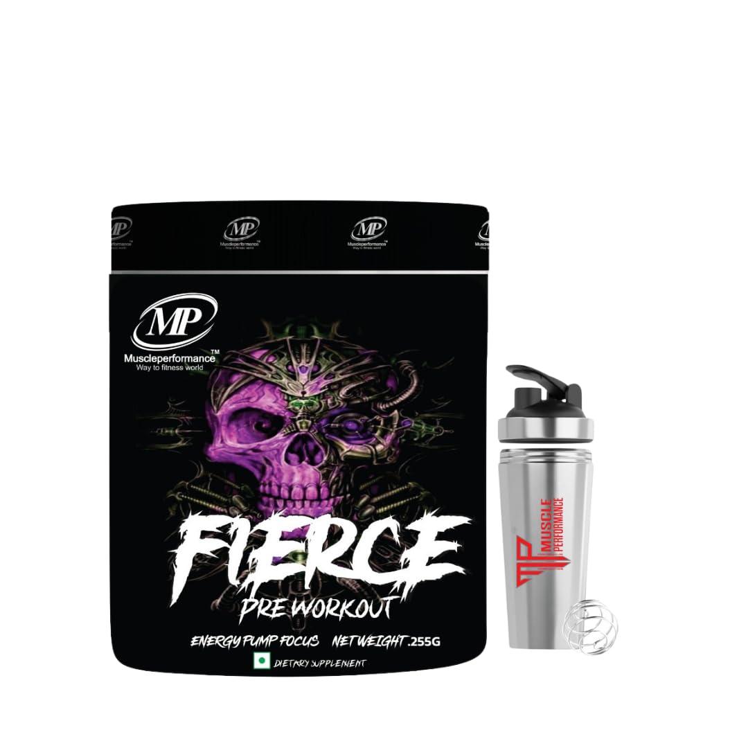 Muscle Performance MP Muscle Performance Pre-Workout Supplement With Steel Shaker (255gms-30 Servings, Flavour Mango), Pre Workout Supplement For Men & Women With Beta-Alanine, Creatine,-For Performance & Energy Boost.