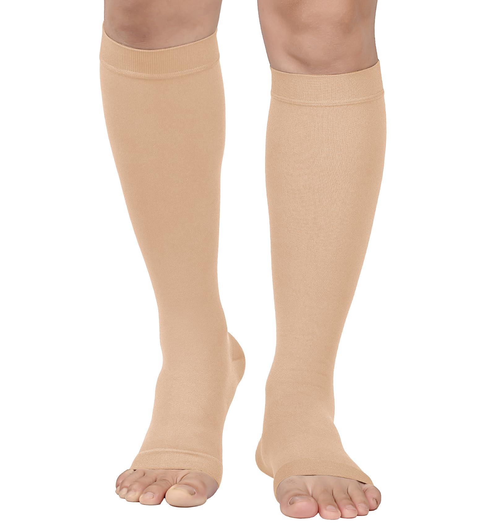 MGANG Compression Socks, Open Toe, 15-20 mmHg Graduated Compression Stockings for Men Women, Knee High Compression Sleeves for DVT, Maternity, Pregnancy, Varicose Veins, Relief Shin Splints, Beige XXL