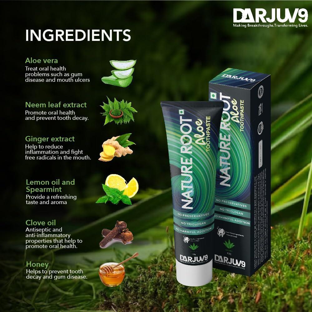 RJUV9 Darjuv9 Natureroot Aloe Toothpaste (100gm x 3) with Aloevera & Neem Leaf Extract | White & Brighten Teeth | Strengthen the Teeth | Remove Bad Breath | Fighting Off Harmful Bacteria - Pack of 3