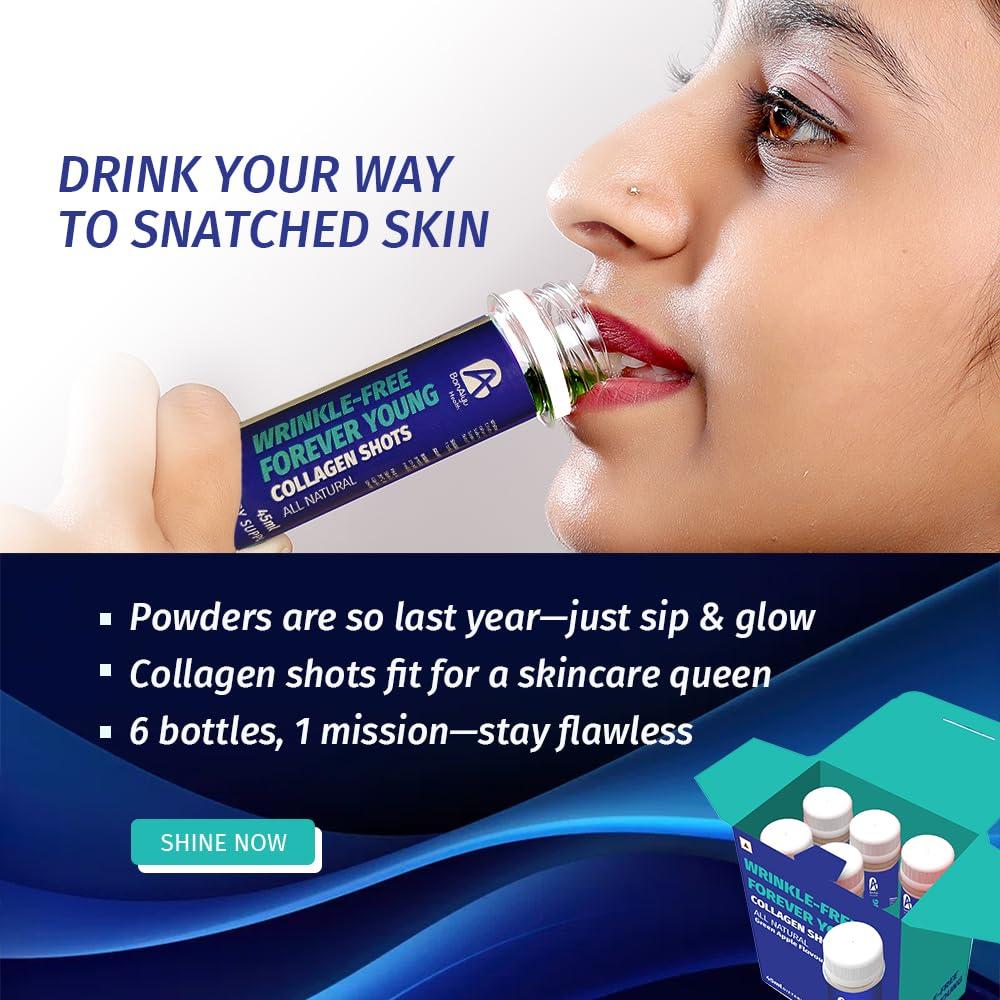 BonAyu BonAiyu WRINKLE-FREE FOREVER YOUNG COLLAGEN SHOTS All Natural (Green Apple Flavour) | With Vitamin C & Biotin | Promotes Healthy & Glowing Skin, Hair & Nails | Sugar Free for Women / Men | 45ml Each (Pack Of 6 Pet Bottles)