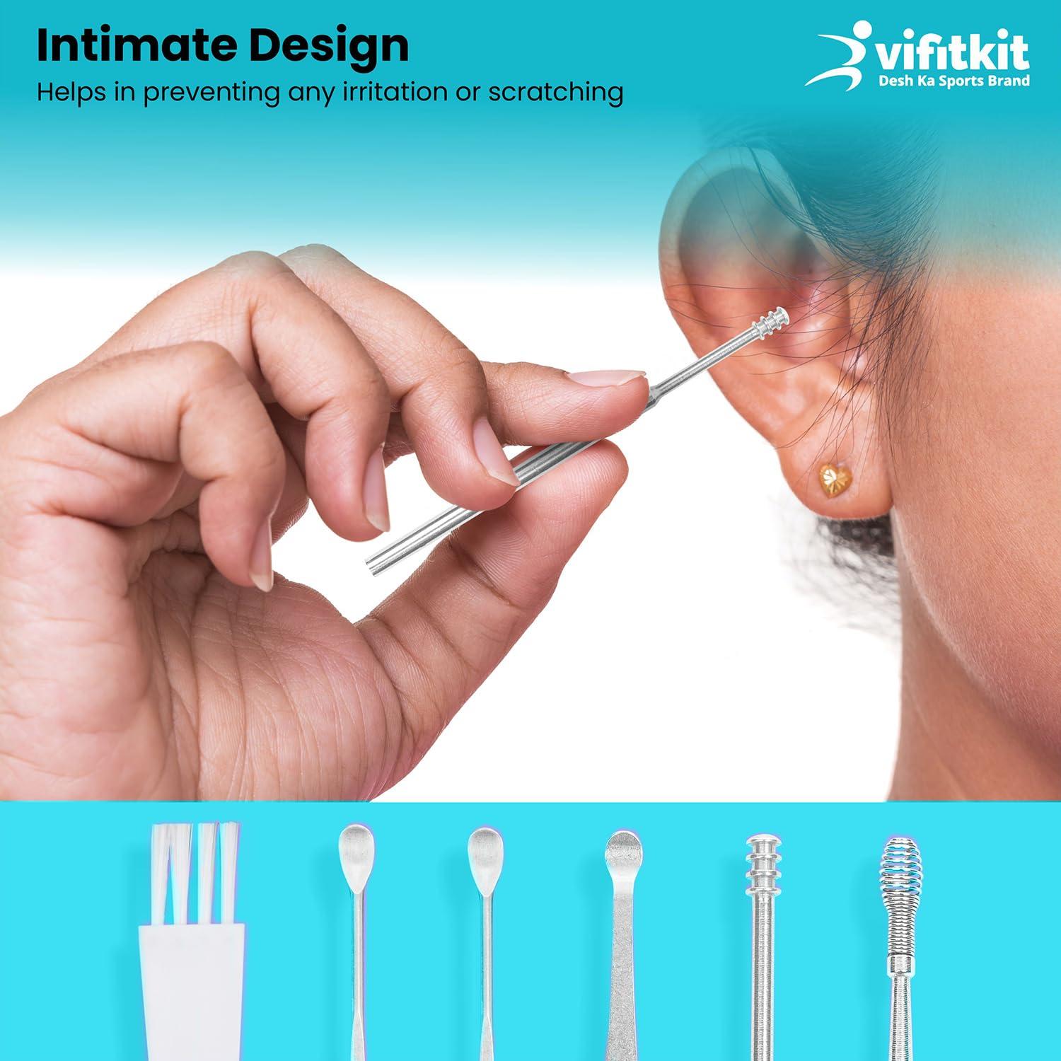 VIFITKIT VFK by Trendy Home Ear Cleaning Kit (Pack of 1), Reusable Ear Wax Cleaner Tool Set with Storage Box - Ear Wax Remover Tool Kit with Ear Curette Cleaner and Spring Earbuds Cleaner (6 Pcs, Stainless Steel)