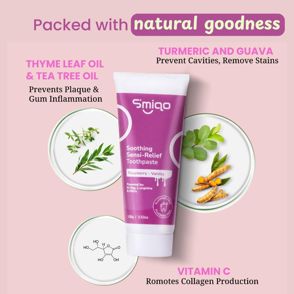 Smiqo Smiqo Sensi Relief Toothpaste - 100g | Instant Sensitivity Relief | Raspberry-Vanilla Delight | Advanced Formula with N-Hap, L-Arginine, and Potassium Nitrate | Fights Plaque & Cavities | Freshens Breath | SLS-Free | No Harsh Chemicals