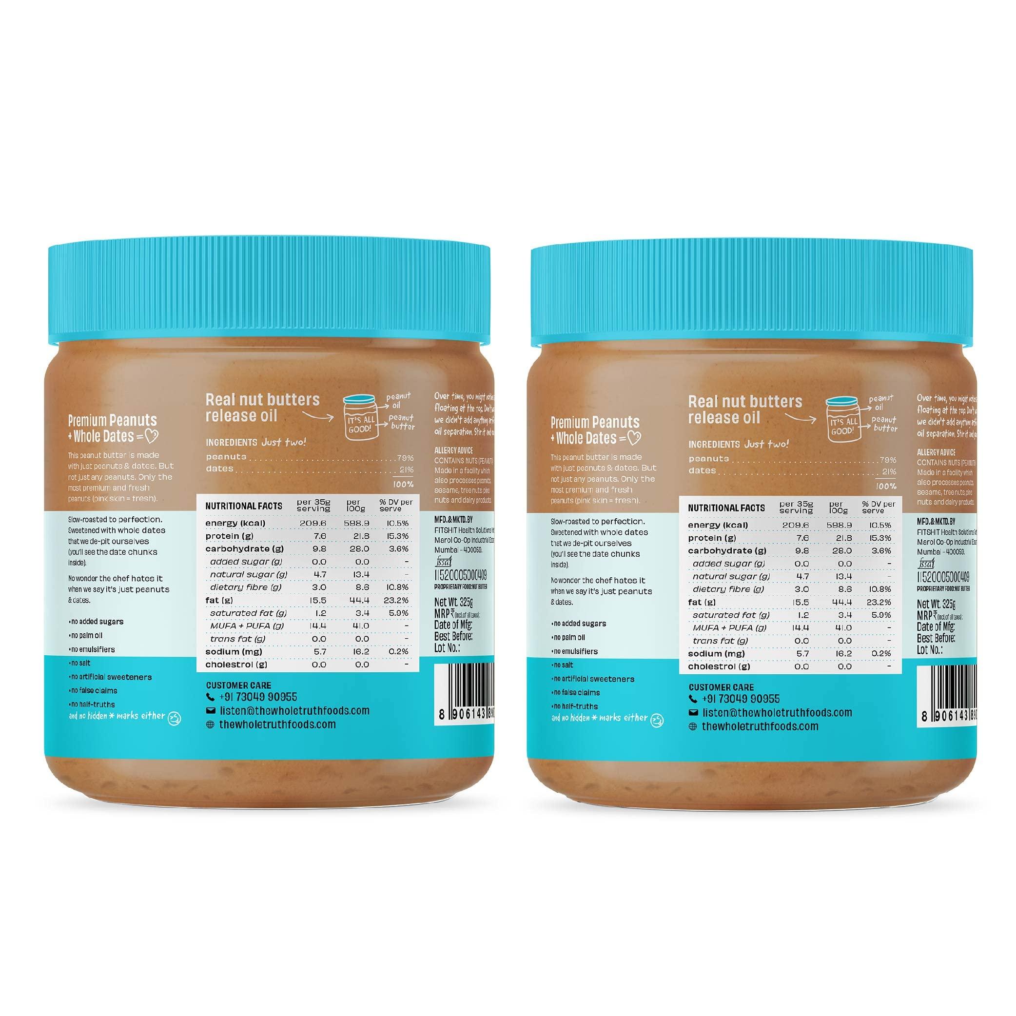 The Whole Truth The Whole Truth - Peanut Butter With Dates|Pack Of 2|650 Gram|Crunchy|No Added Sugar|No Artificial Sweeteners|Vegan|Gluten Free|No Preservatives|100% Natural