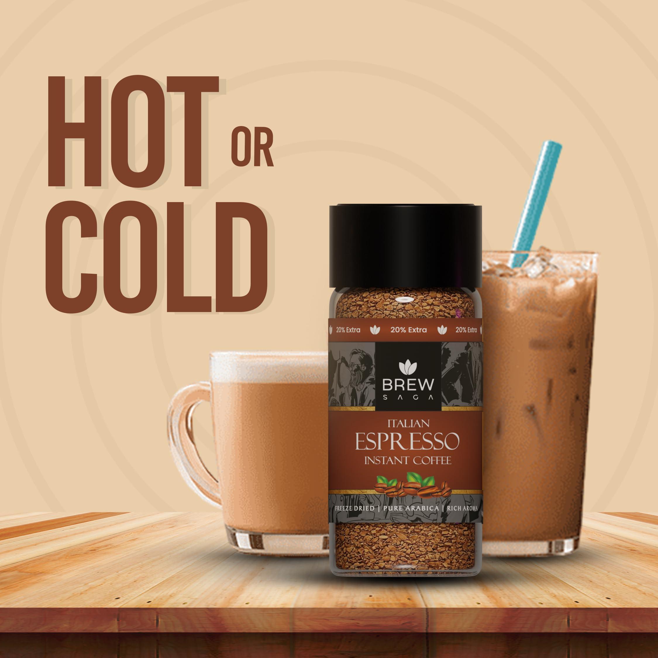 BREW SAGA BREWSAGA Italian Espresso Instant Coffee | 100% Arabica | Freeze-Dried | Flavoured Coffee | No Added Sugar | Makes 30 Cups | 60 Gram