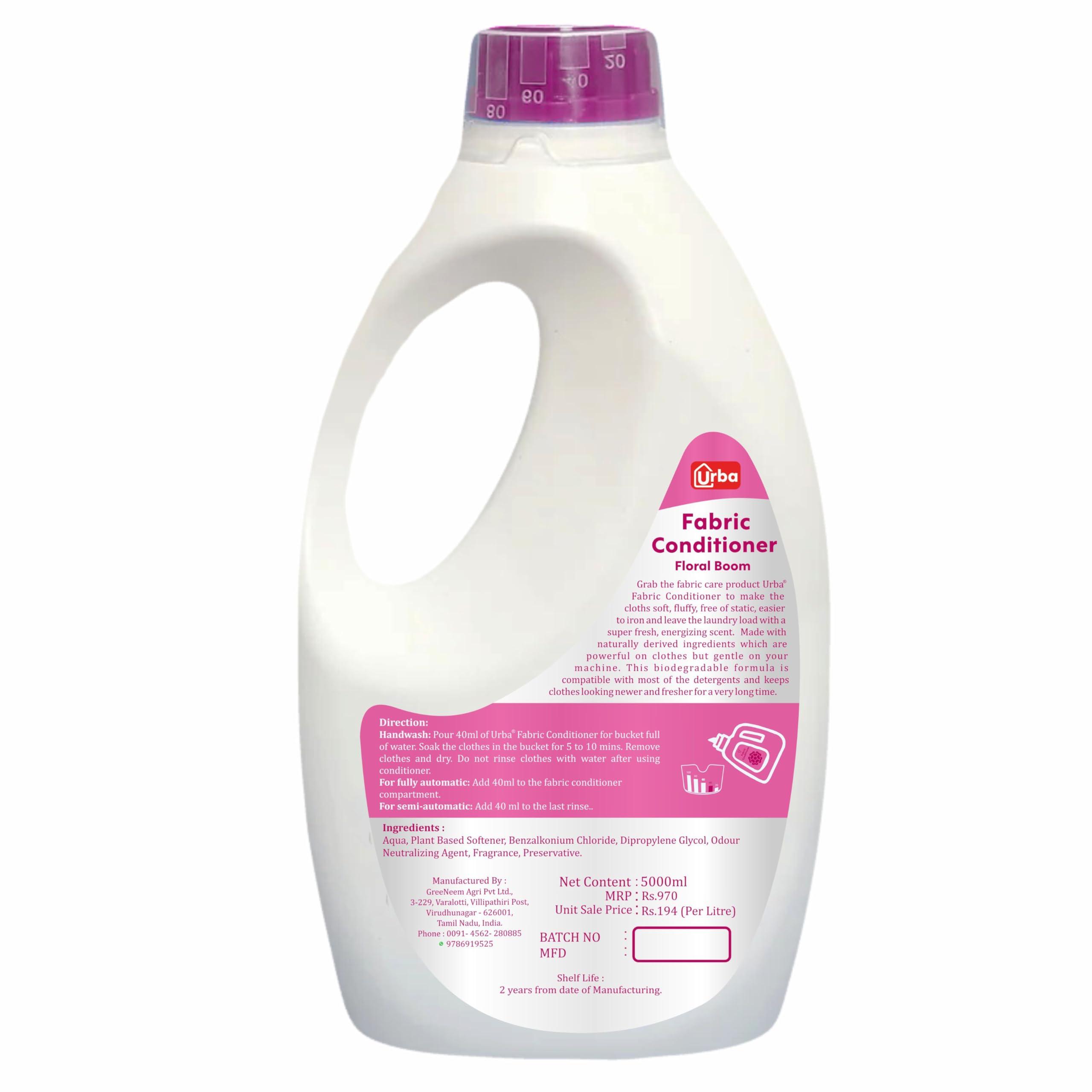 URBA Urba Floral Boom Fabric conditioner 5 L| Super saving Pack| After Wash Liquid Fabric Softener (Offer Pack) | Softness, Shine & Long Lasting Freshness | Fabric stiffener 5000 ml