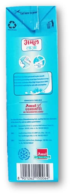?Gujrat Co-operative Milk Marketing Federation Ltd Unique Amul Taaza Homogenised Toned Milk 1L (Pack of 4) Unique