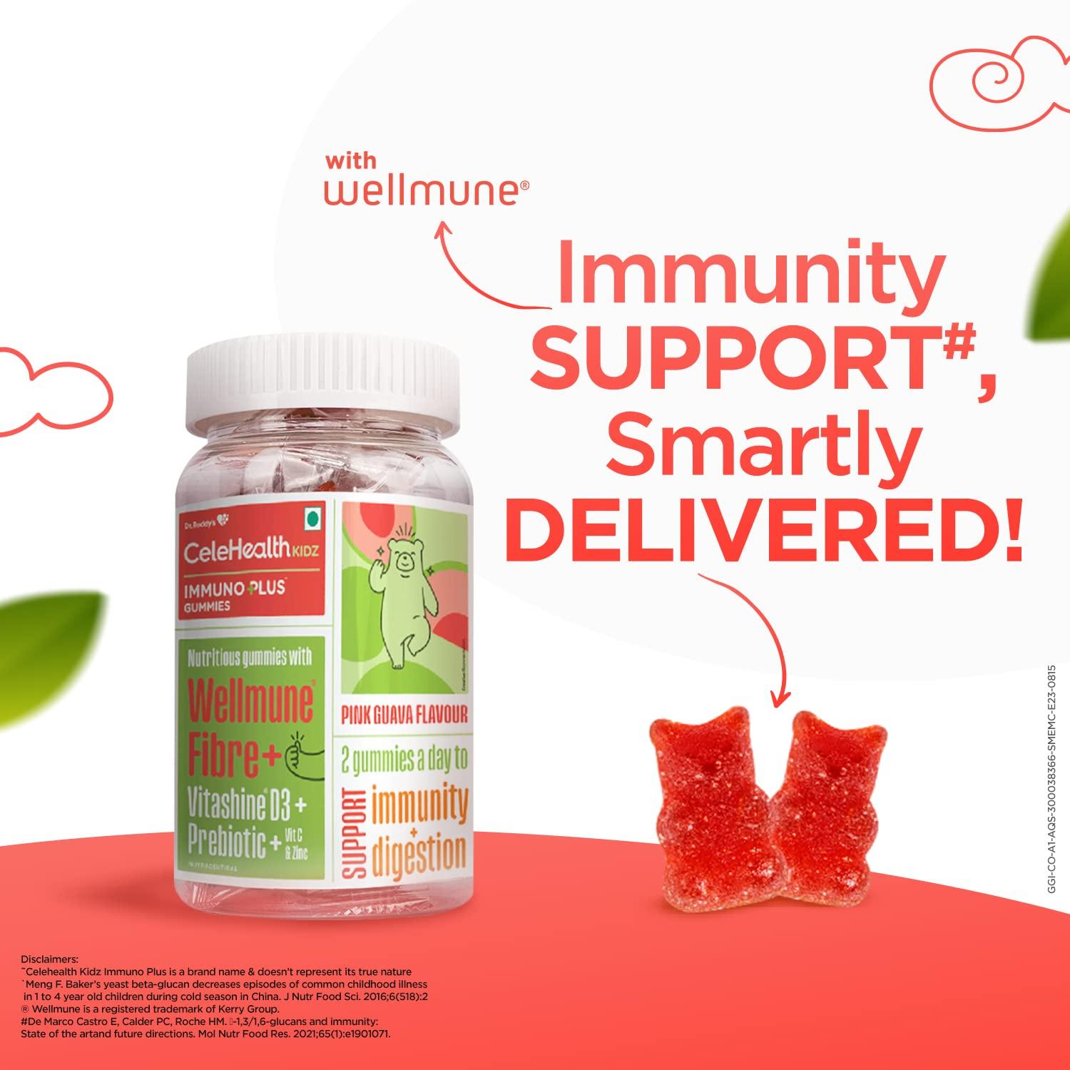 Celehealth Dr. Reddy's CeleHealth Kidz Immuno Plus - 30 Gummies | Pink Guava with Wellmune, Vitamin C & Zinc to support child's immunity (Pack of 4)