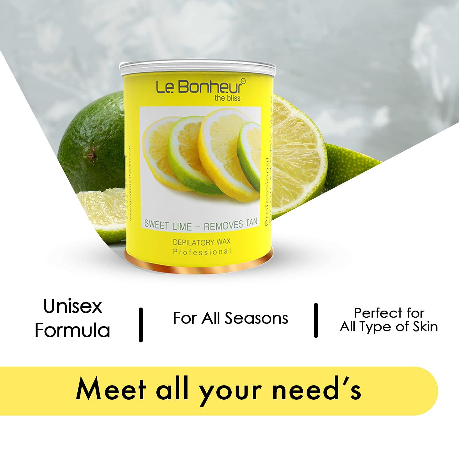 Le Bonheur.. Le Bonheur Sweet Lime D Tan Wax | Suitable Hair And Tan Removal | Perfect Bridal Wax | Its Summer Remove Tan | No Dry Skin After Use | For All Type Of Skin | Free Pre Wax Gel and Post Wax Oil | 800gm (Pack of 3)