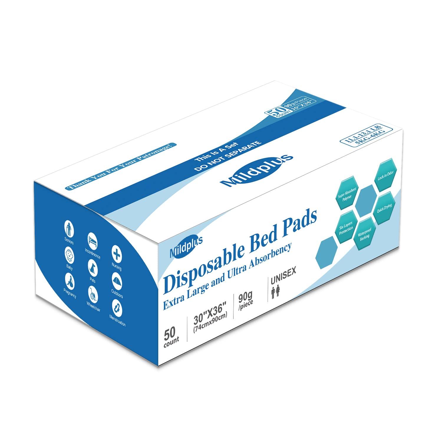 MILDPLUS MILDPLUS Disposable Bed Pads 30X36 (50 Pcs) Extra Large Underpads for Bedwetting Incontinence Pads for Adult Kind and Pets Chucks Without Adhesive