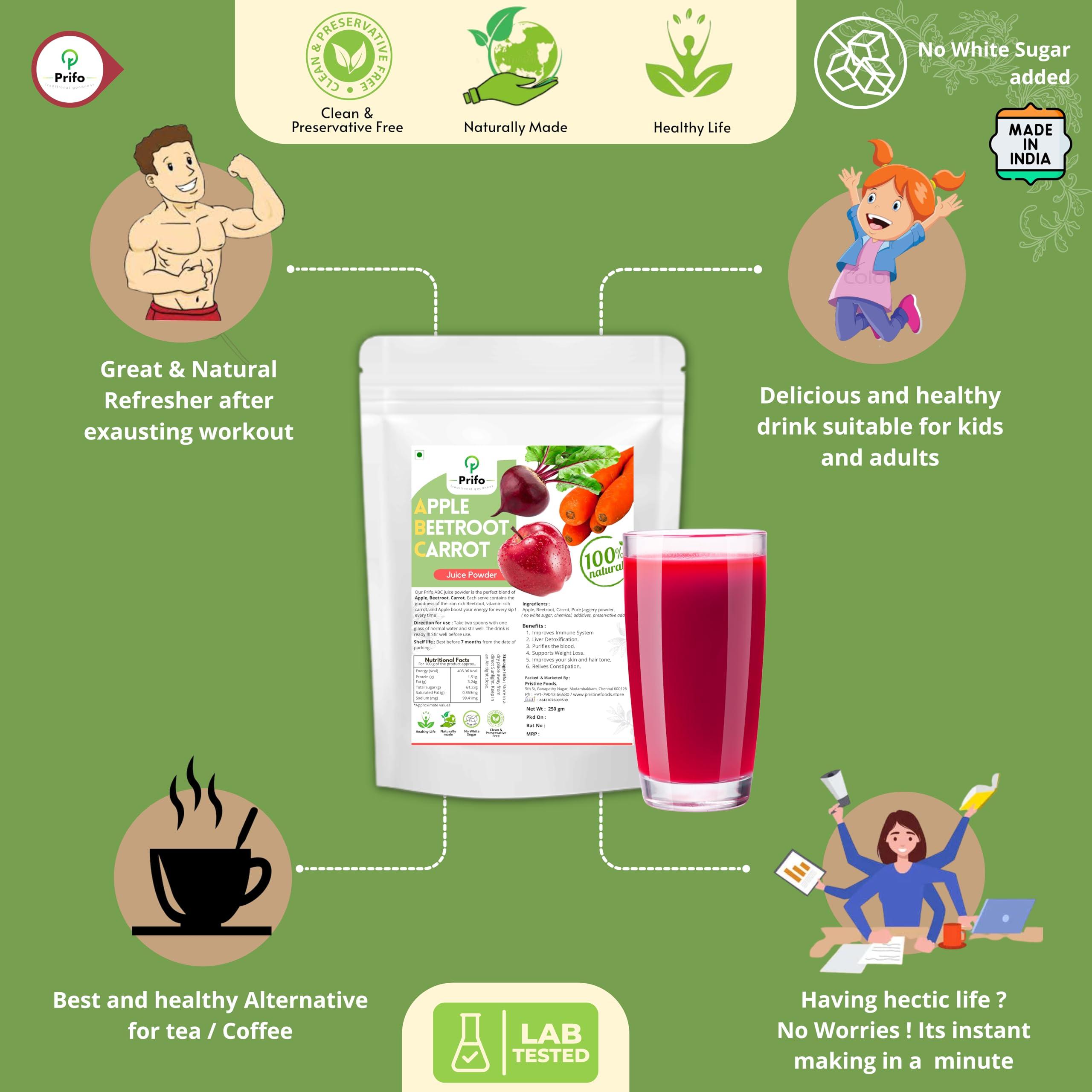 Prifo traditional goodness Prifo traditional goodness ABC Juice Powder - Apple Beetroot Carrot Juice Powder | Natural Drink | Instant | No White Sugar added | Chemical Free Processing - 250 Grams Pack.
