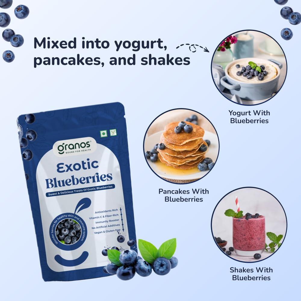 GRANOS Granos Dried Blueberries 150g | Dried Fruits | Sweet Berries | Produce Of USA | Trans Fat Free | Gluten Free | Healthy Skin | Boost Immunity | Rich In Nutrients | 100% Natural | Plant Based | Healthy Motabolism