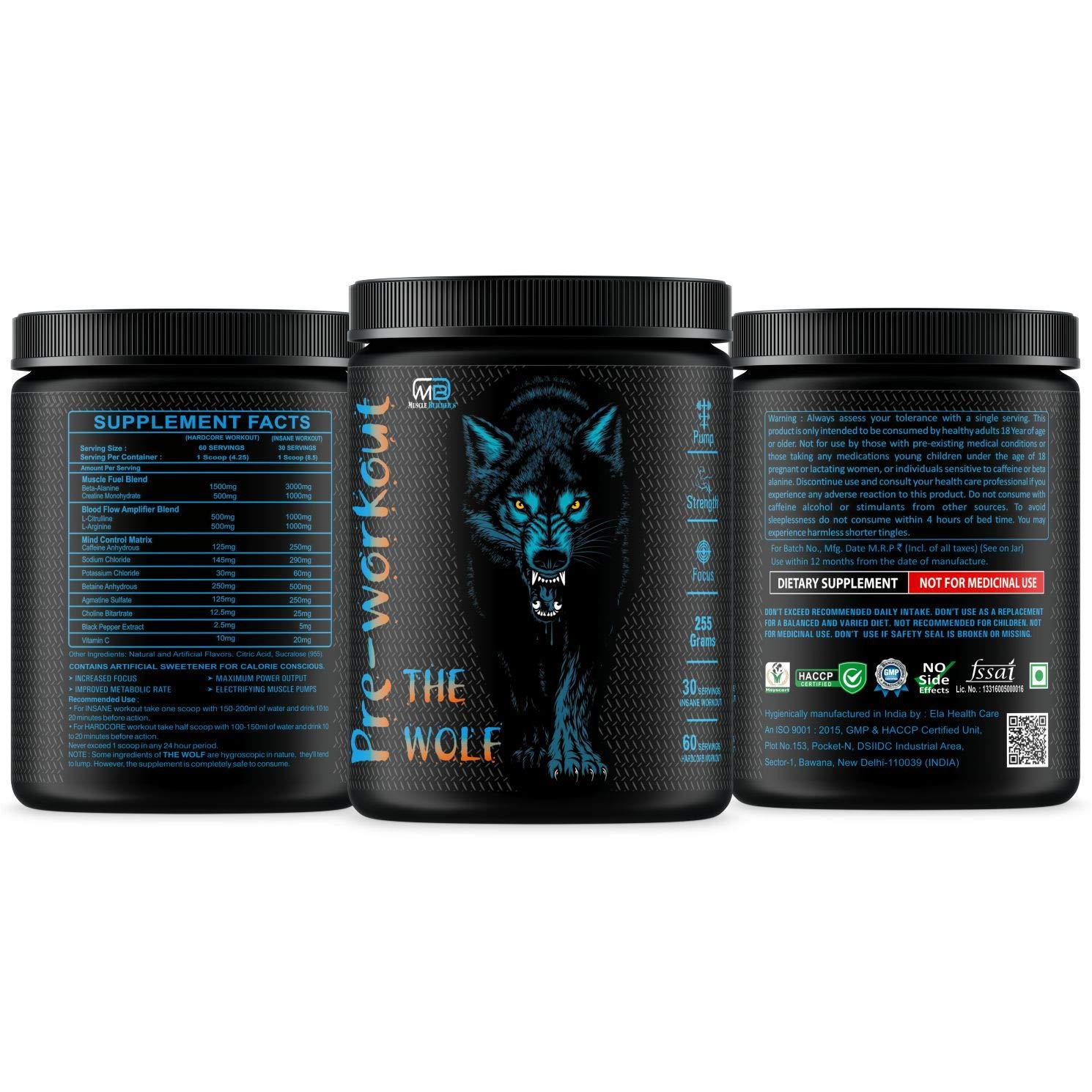 M B Muscle Builder\'s M B Muscle Builder\'s The Wolf Pre Workout Gym Supplement to Boost Your Energy & Performance/Body Building Powder for Men & Women [30-60 Servings, Pina Colada, 255g]