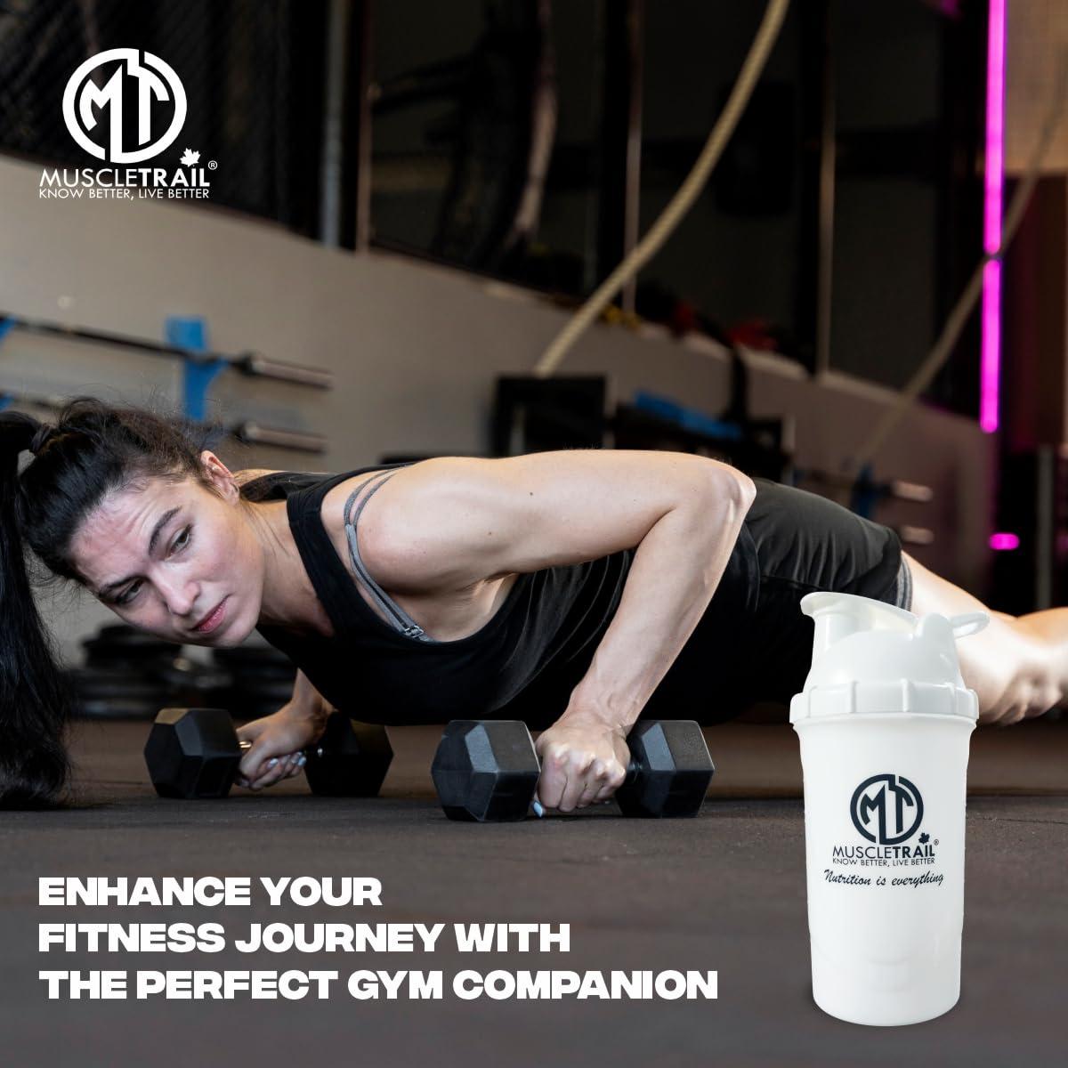 MUSCLETRAIL MUSCLETRAIL Muscle Trail Gym Shaker Bottle - 600ml Leakproof Protein Shaker/Sipper for whey Protein, Pre-Workout, BCAA & Water - BPA Free Plastic, Pack of 1 (White)