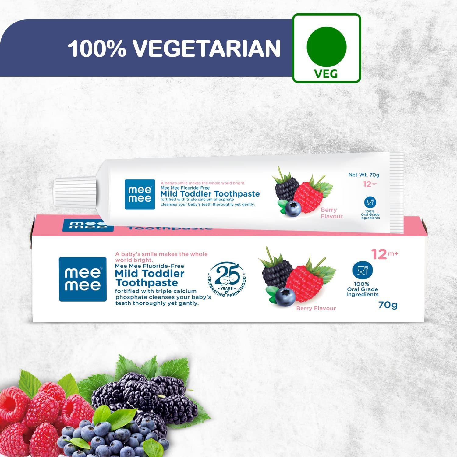 Mee Mee Mee Mee Fluoride-Free Baby Toothpaste for Kids Fortified with Triple Calcium Phosphate, Cavity Protection, Oral Care, Best for Baby 1 year +, 70 gram (Berry, Pack of 2)