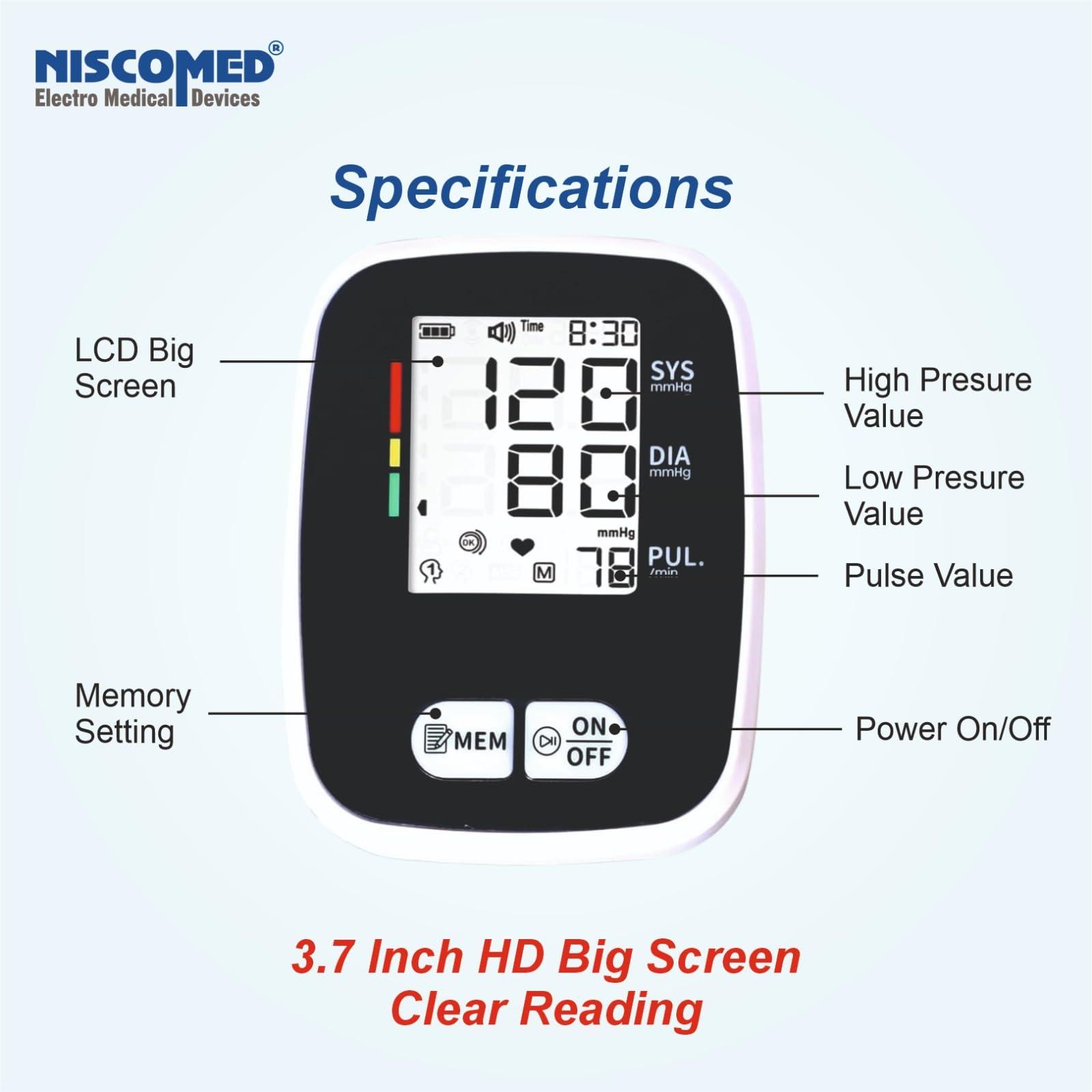 NISCOMED NISCOMED PW-221 Digital BP Check Machine For Home | Fully Automatic Upper Arm Style BP Monitor | With USB Cable & AAA Battery | Digital LCD Display | Memory 99 x 2 Users, White (1 Year Warranty)