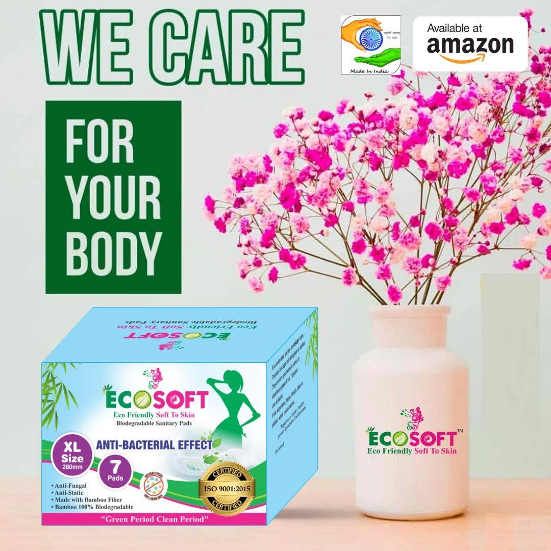 ECOSOFT ECOSOFT Premium Sanitary Pads Bamboo Fiber 100% Biodegradable Iso 9001-2015 And Iso 14001-2015 Certified Xl Size-280 Mm. Pack of 4 Box (28 Pads).