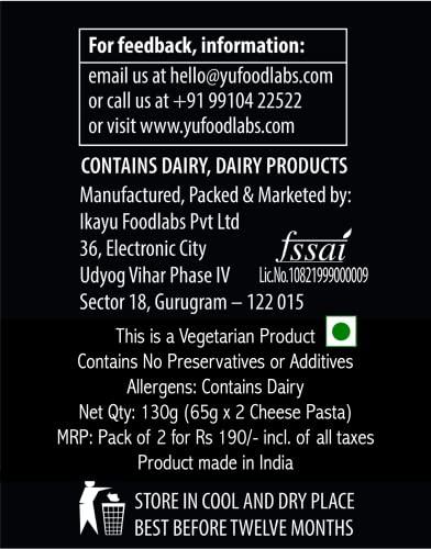 Yu Foodlabs Yu Foodlabs Instant Pasta - Ready To Eat - 2 Three Cheese Flavour - Instant Meal - No Preservatives - 100% Natural & Veg - Instant Food In 4 Mins - (Pack Of 2) - Natural, 130 Gm
