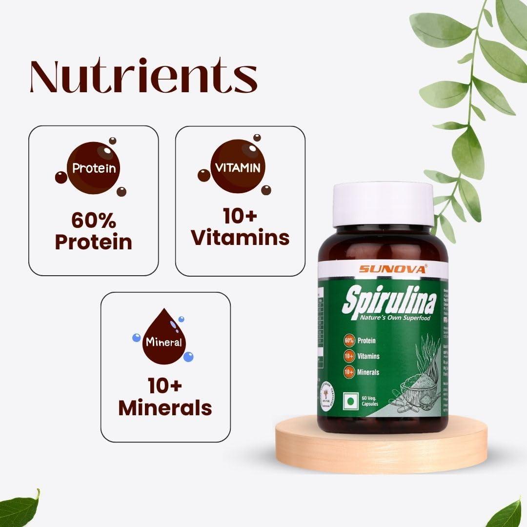 SUNOVA SUNOVA Spirulina Capsules - Natures Own Superfood and Nutritional Supplement, full of Protein,Vitamins & Minerals 60 Capsules (Pack of 2)