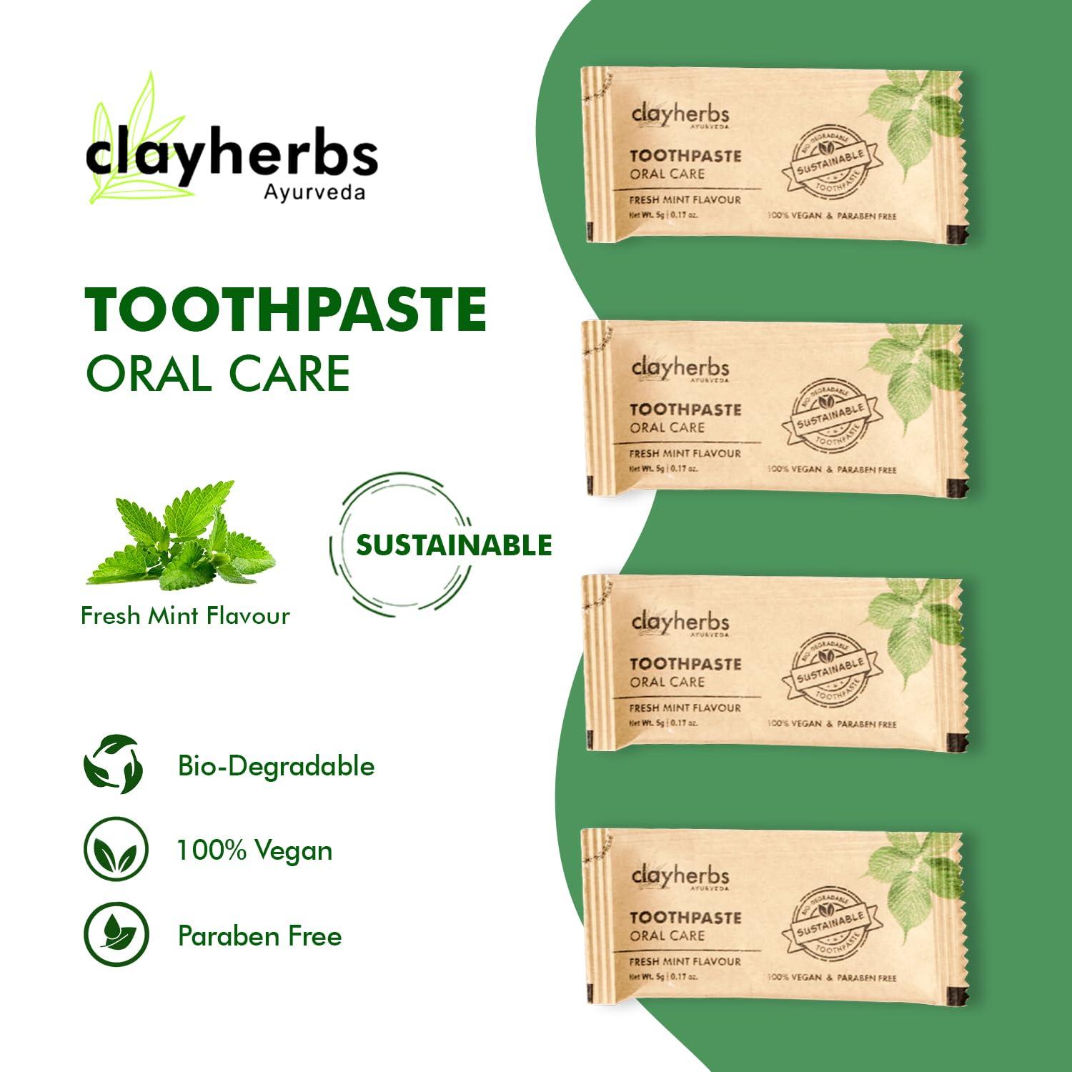 clayherbs Clayherbs (Pack-50) Sustainable Eco-Friendly Organic Bamboo Toothbrush and Toothpaste Sachet, Natural Flavor, Oral Care Biodegradable & Non-Toxic Hotel Dental Kit For Rooms