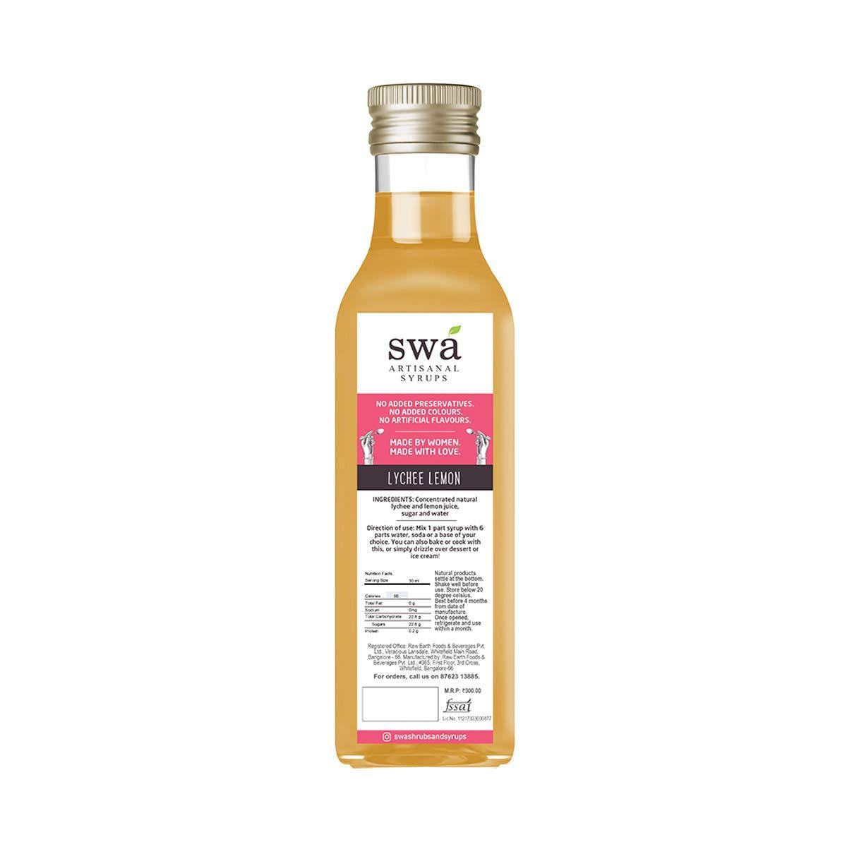 Swa Artisanal Syrups Swa Artisanal Syrups - Lychee Lemon, 100% Natural, Pack of 2 Makes 24-30 Drinks, Syrup for Cocktails / Mocktails / Kid's Lemonades / House Parties (250ml x 2)