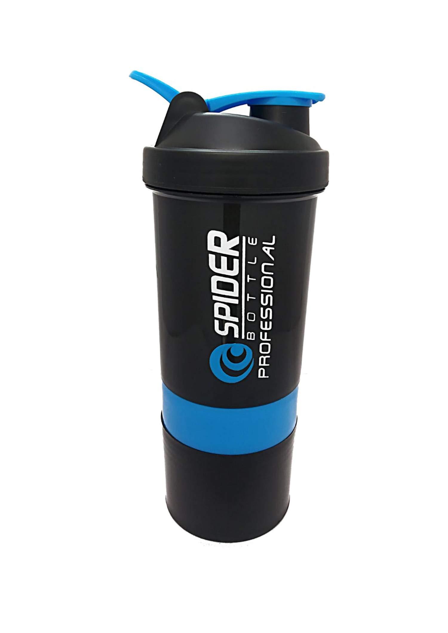 TRUE INDAIN TRUE INDIAN Combo of Spider Bottle 500 ml with 2 Storage Compartment Cup for Gym (Pack of 2 Black, Blue) Protein Shaker Blender Bottle for Whey Protein Mix
