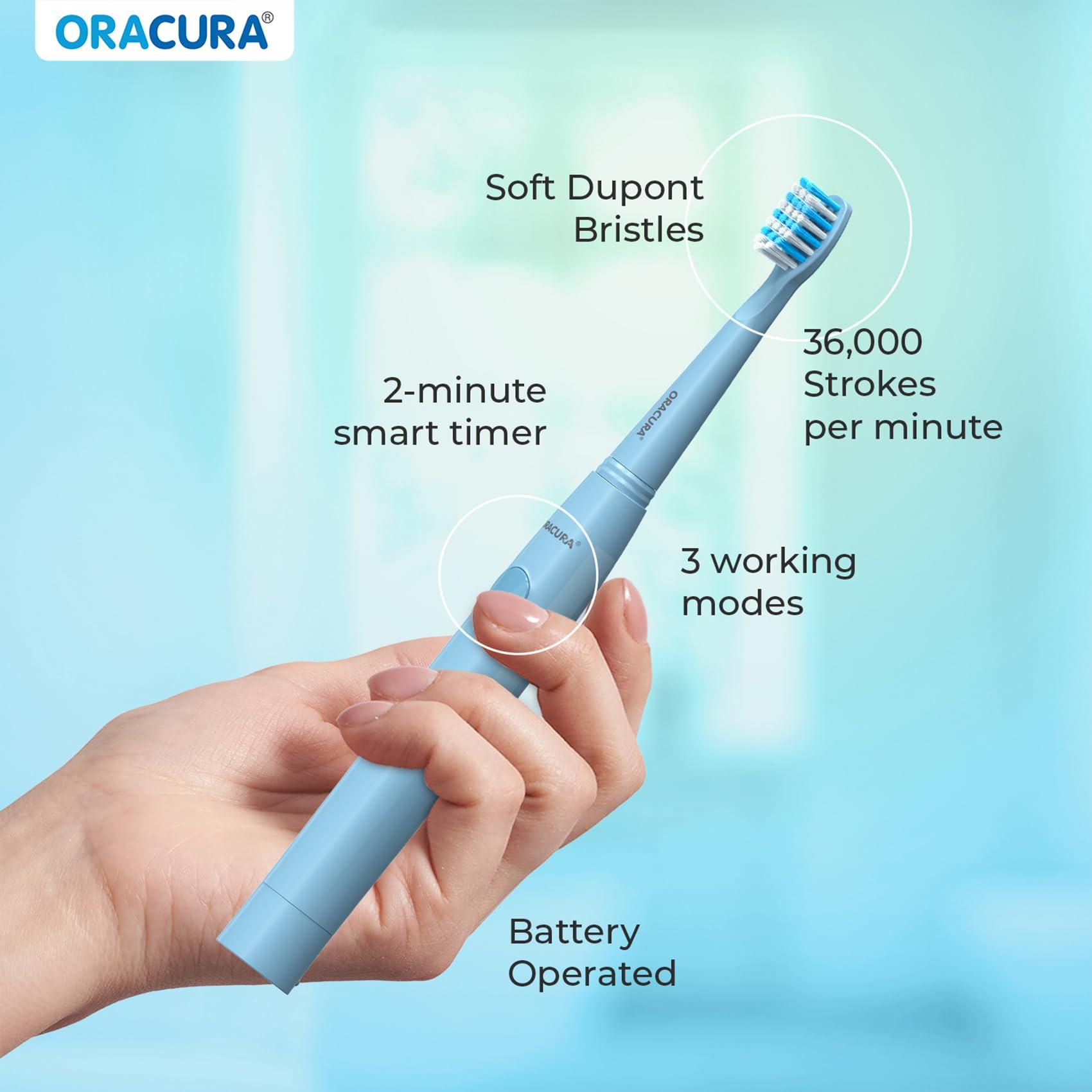 ORACURA ORACURA Adult Sonic Lite Electric Battery Operated Toothbrush Sb100 Combo|1 Year Warranty|Pack Of 1 Green & 1 Blue Colour|With 3 Modes|36,000 Strokes|With Aaa Battery Powered