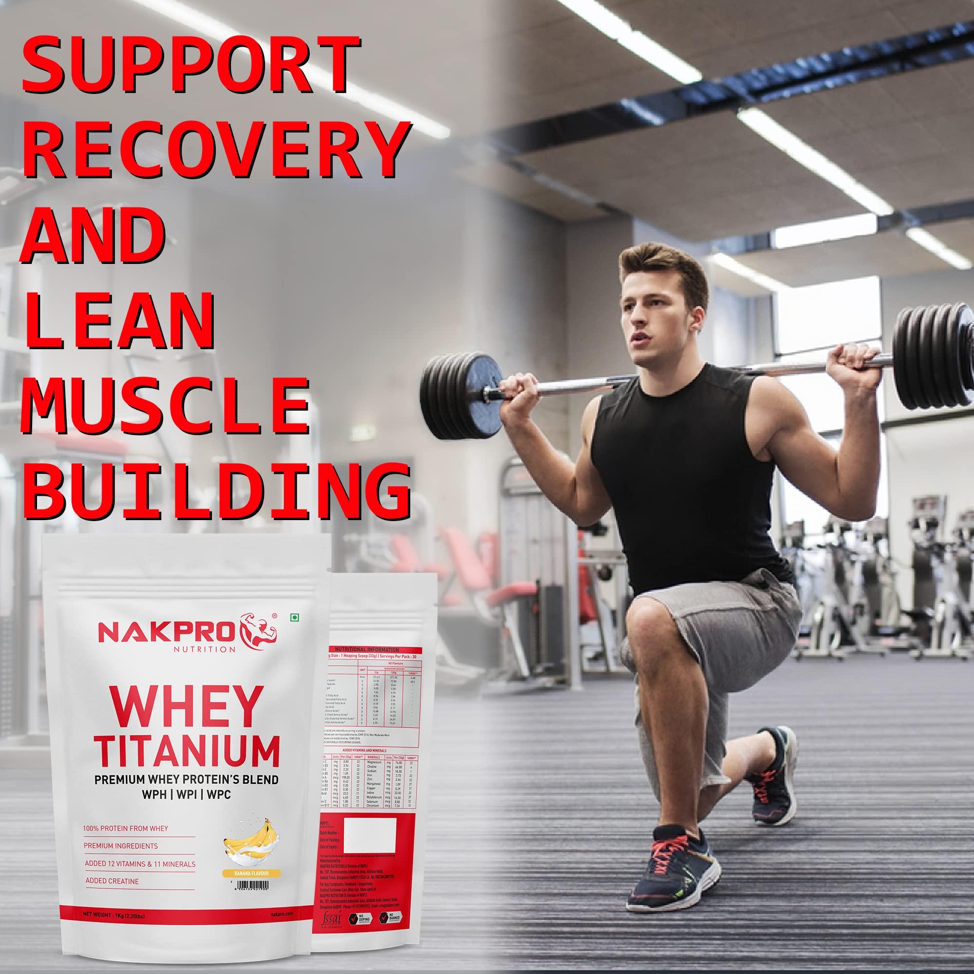 NAKPRO NAKPRO Titanium Tri Blend Whey Protein Hydrolyzed, Whey Protein Isolate & Whey Protein Concentrate | 24.04g Protein, 5.29g BCAA | Added Vitamins, Minerals & Creatine (2 Kg, Banana)