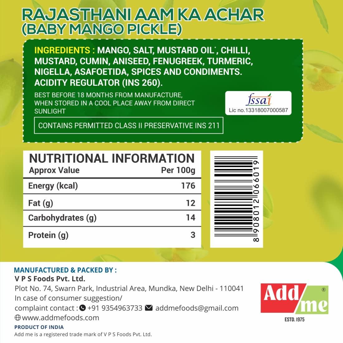 Add me Add me Rajasthani Mango Pickle 500G, Seed Less marwadi aam ka achar Glass Pack Baby Mango 500gm