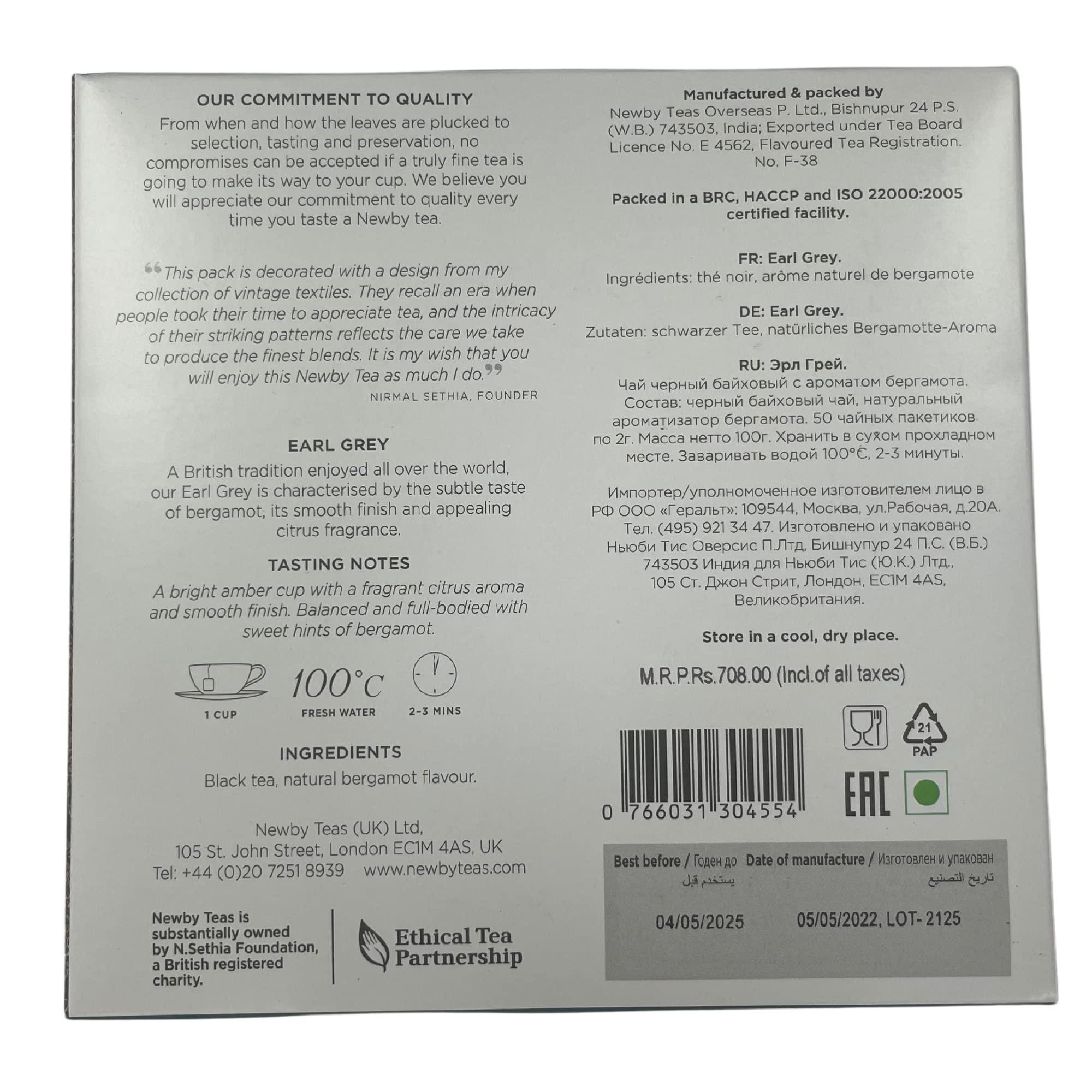 Newby Newby Earl Grey Tea Bags | Premium Black Tea Blended With Natural Bergamot Flavor & Citrus Twist | Light and Refreshing | 50 pieces | 100 Grams