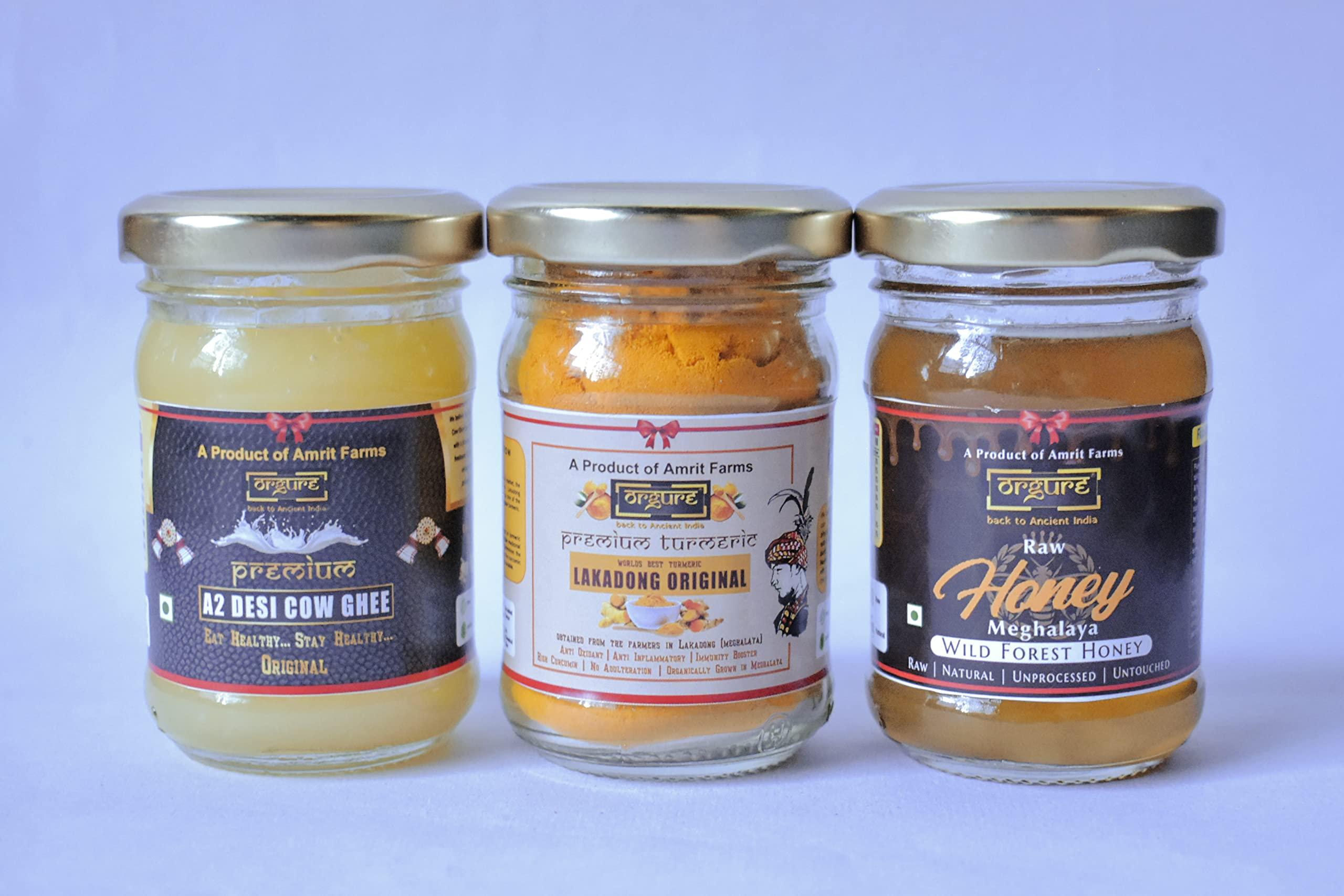 ORGURE Orgure Organic & Healthy Gift Hamper | A2 Desi Bilona Ghee | Raw Wild Forest Honey from Meghalaya | Lakadong Original Turmeric | Natural | Unprocessed | Immunity Booster (Mini)