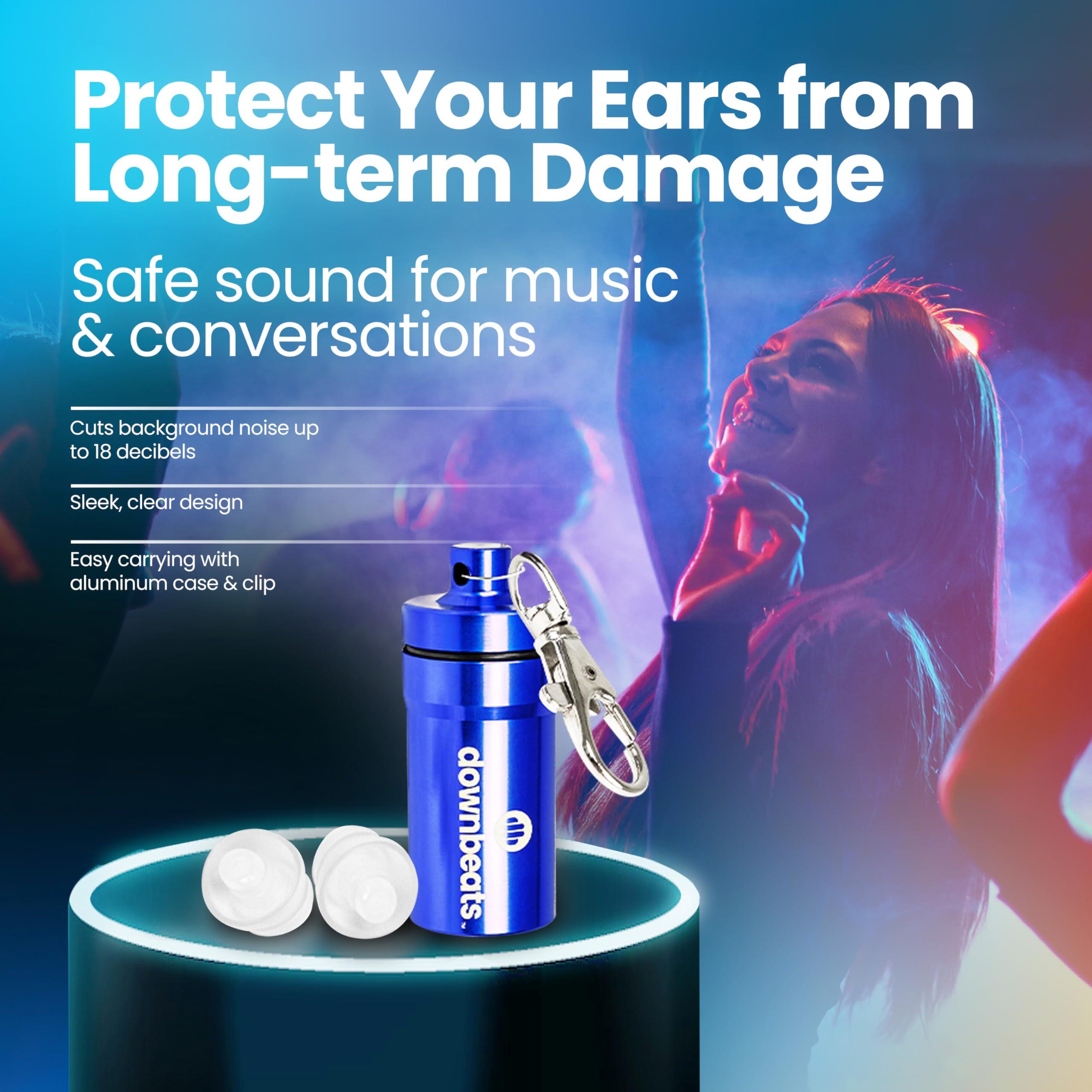 DownBeats DownBeats Reusable High Fidelity Hearing Protection: Ear Plugs for Concerts, Music, and Musicians (Clear Ear Plugs, Blue Case)