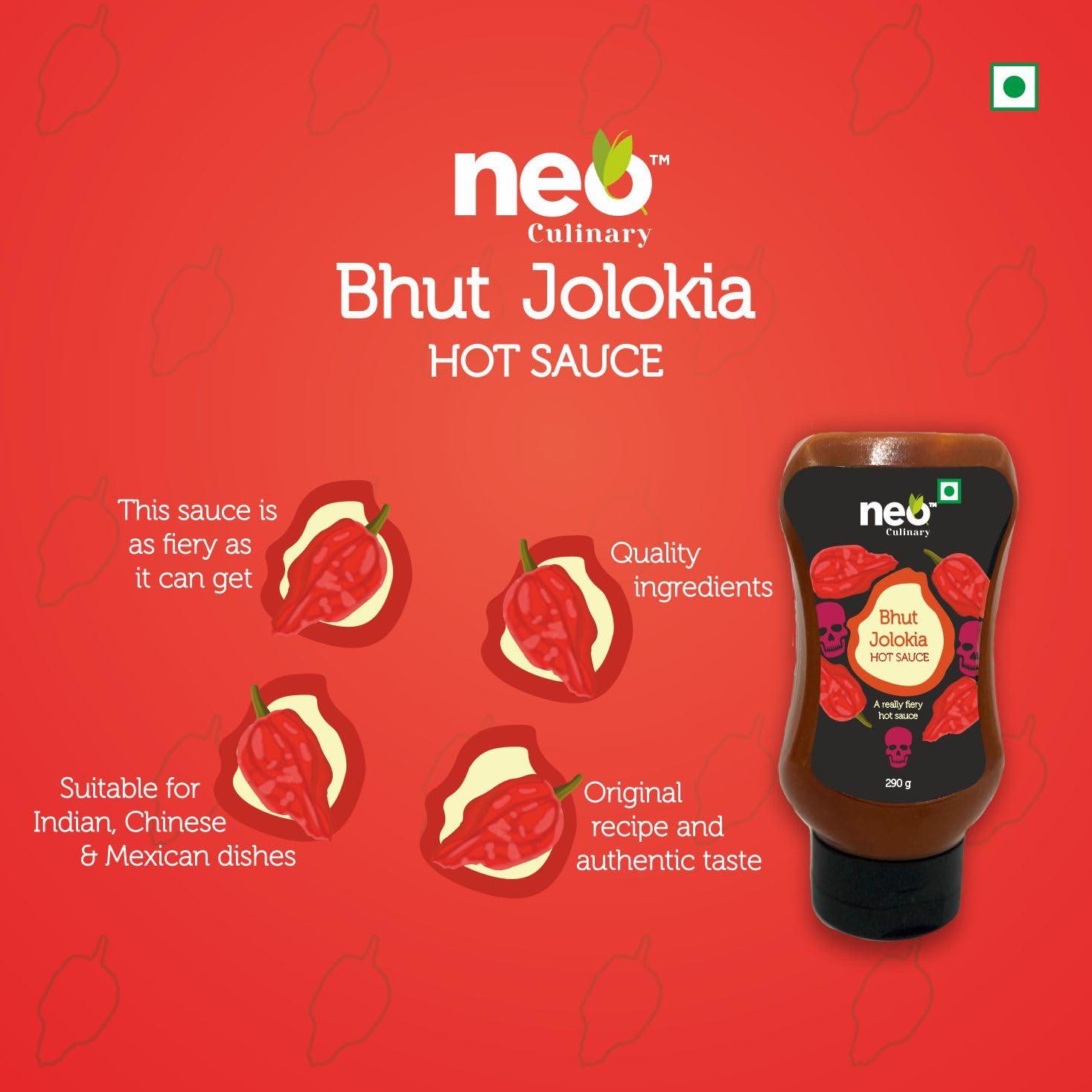 Neo Neo Bhut Hot Sauce 290g I Made of Ghost Peppers (Bhut Jolokia) I P1 I Extra Spicy Chilli Sauce I Topping & Dip for Snacks, Mix with Cheese, Mayonnaise I Ready to Eat Food I Farm Fresh I 100% Vegan I 290g (Pack of 1)