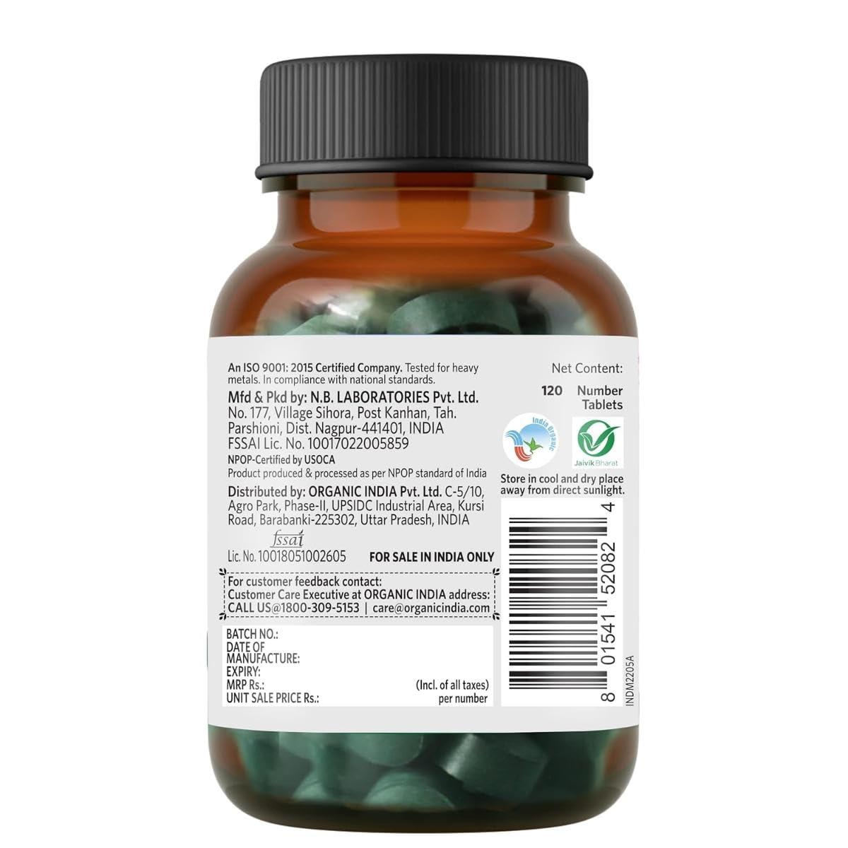 ORGANIC INDIA A TATA Product - Organic India Spirulina - 120 Tablets, Natural Amino Acids, Protein Powerhouse, Plant-Based Superfood, Improve Stamina, For Hair, Skin, Nails & Overall Health