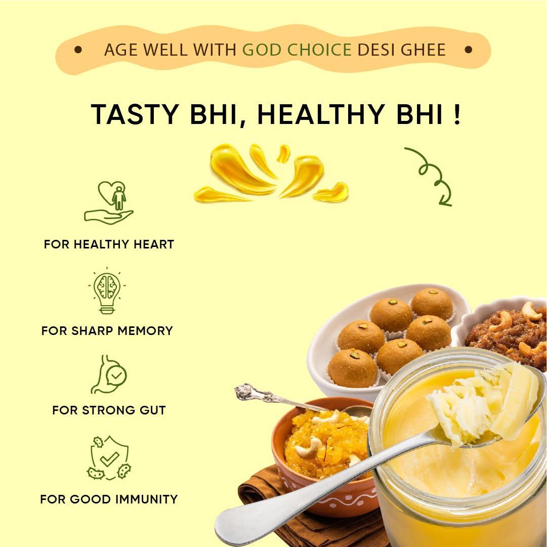 GOD CHOICE ORGANIC FARMS God Choice Organic Farms Pure A2 Desi Cow Ghee 150 ml | Cultured Desi Cow Ghee from Bilona Method | Curd Churned Organic Cow Ghee (Glass Jar)