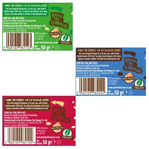 Beanies The Flavour Co Beanies|Instant Flavoured Coffee |Irish Cream 50g, Nutty Hazelnut 50g, Amaretto Almond 50g|Low Calorie, Sugar Free|Pack of 3