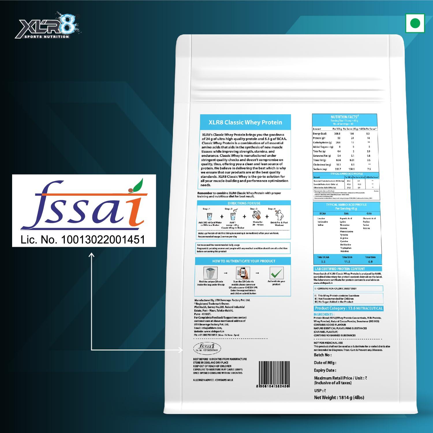 XLR8 XLR8 Classic Whey Protein Powder, 24 g Protein, 5.5 BCAA, No Maltodextrin (1814 g (Pack of 1), Choco Caramel)