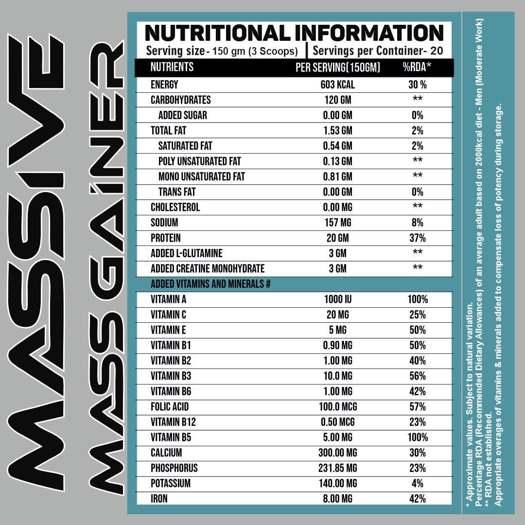 Ripped Up Nutrition Ripped Up Nutrition Massive Mass Gainer 2.72 kg- Gain More Muscle Size & Sturdy Physique with a High-Calorie Formula- Dark Chocolate Flavour