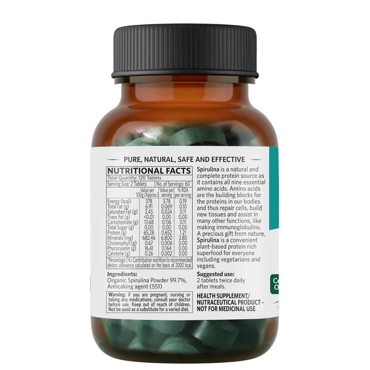 ORGANIC INDIA A TATA Product - Organic India Spirulina - 120 Tablets, Natural Amino Acids, Protein Powerhouse, Plant-Based Superfood, Improve Stamina, For Hair, Skin, Nails & Overall Health