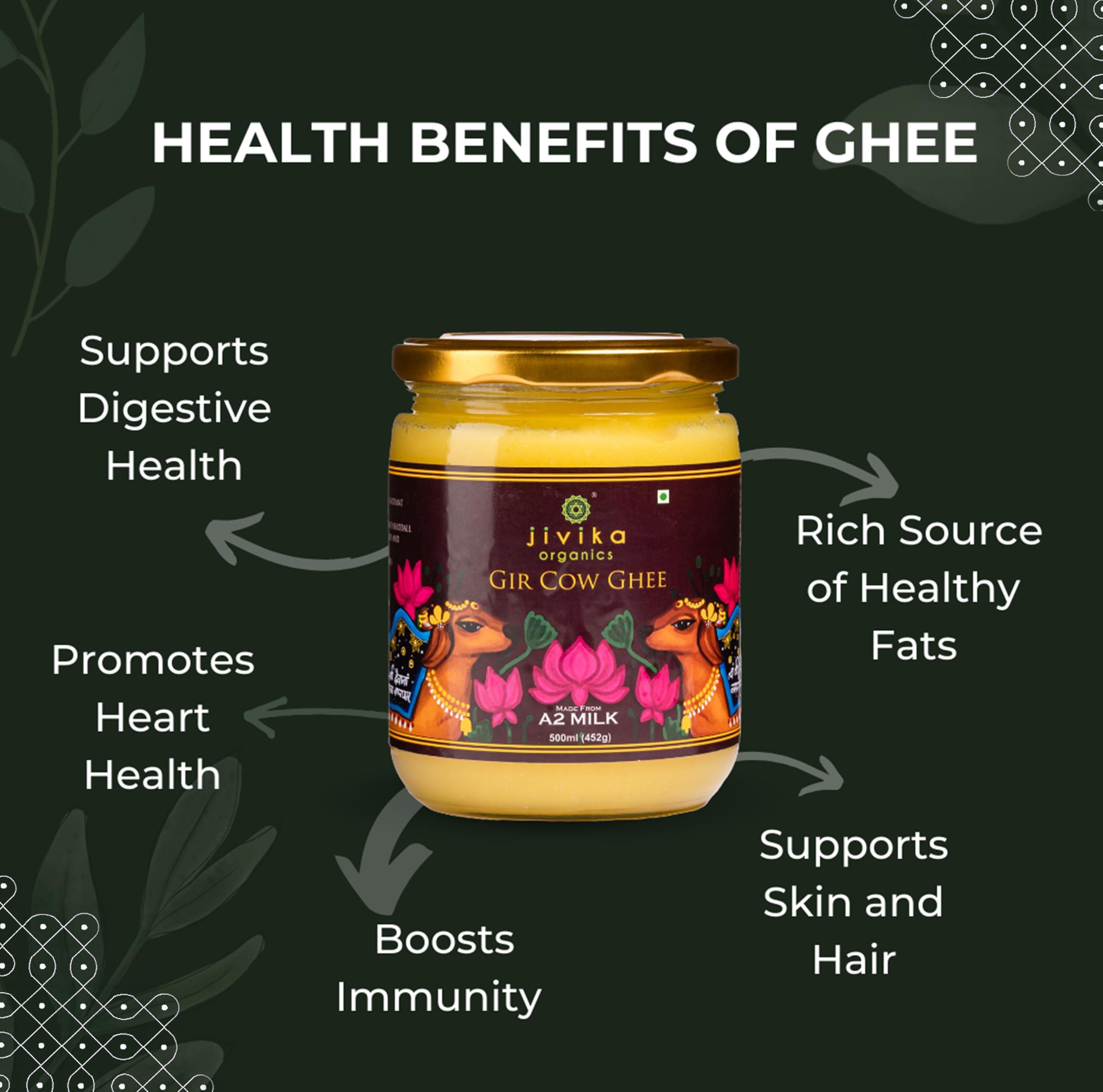 JIVIKA NATURALS Jivika Premium A2 Gir Cow Ghee 500ml | A2 Milk Tested | Vedic Bilona Method | Lab Tested | Pure Desi Cow Ghee | Hand Churned Two-way Direction | Churned from Curd | Pure Ghee | Danedar | Glass Jar