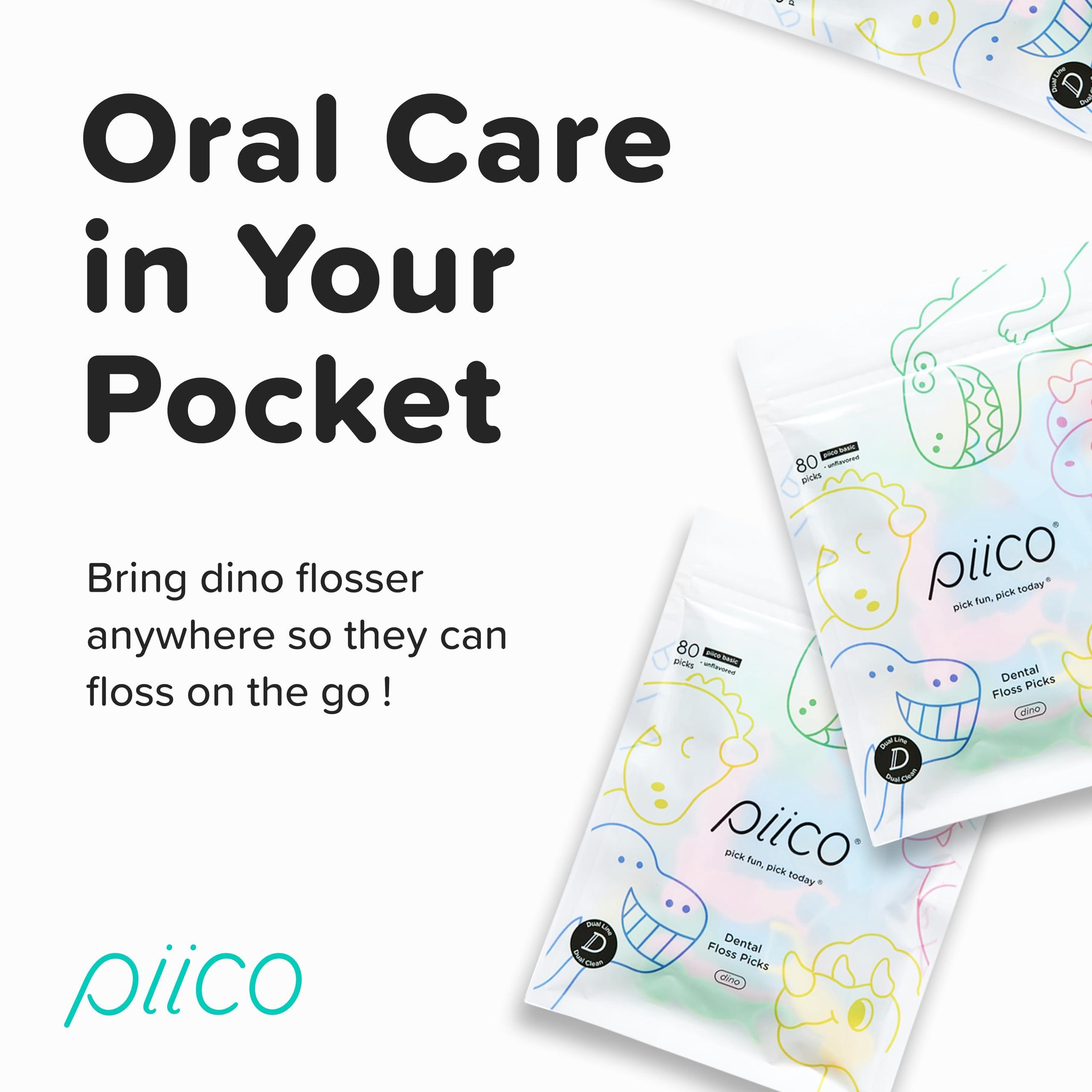 PIICO Piico Kids Flossers, Dual Line Unflavored Dental Floss Picks Without Fluoride, Fun & Colorful Designs with Slim Kids Floss & Portable Travel Case, Prevent Tooth Decay & Gum Disease, 80 Count Dino