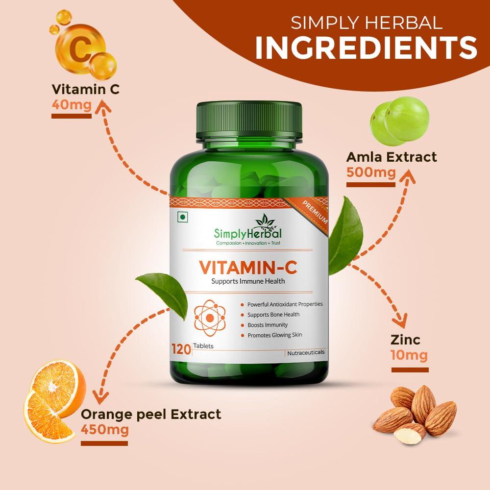 Simply Herbal Simply Herbal Vitamin C Tablets for Glowing Skin & Face, Support Immune Health, Natural Brightening, Supplement Promote Body Immunity & Overall Beauty Health for Men & Women - 120 Veg Tablets